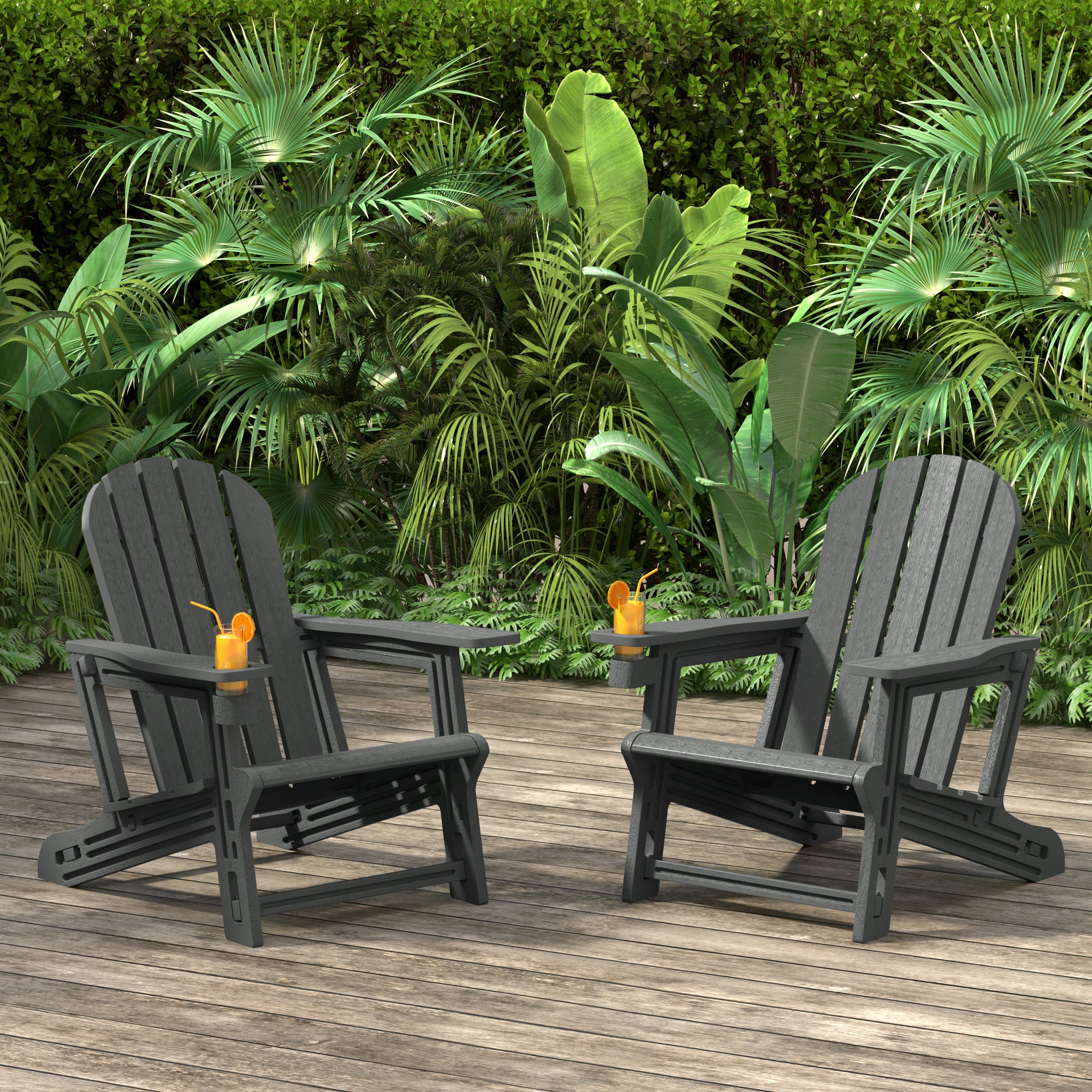 Cayman Tool-Free Assembly Outdoor Patio HDPE Plastic Adirondack Chair with Cup Holder (Set of 2)