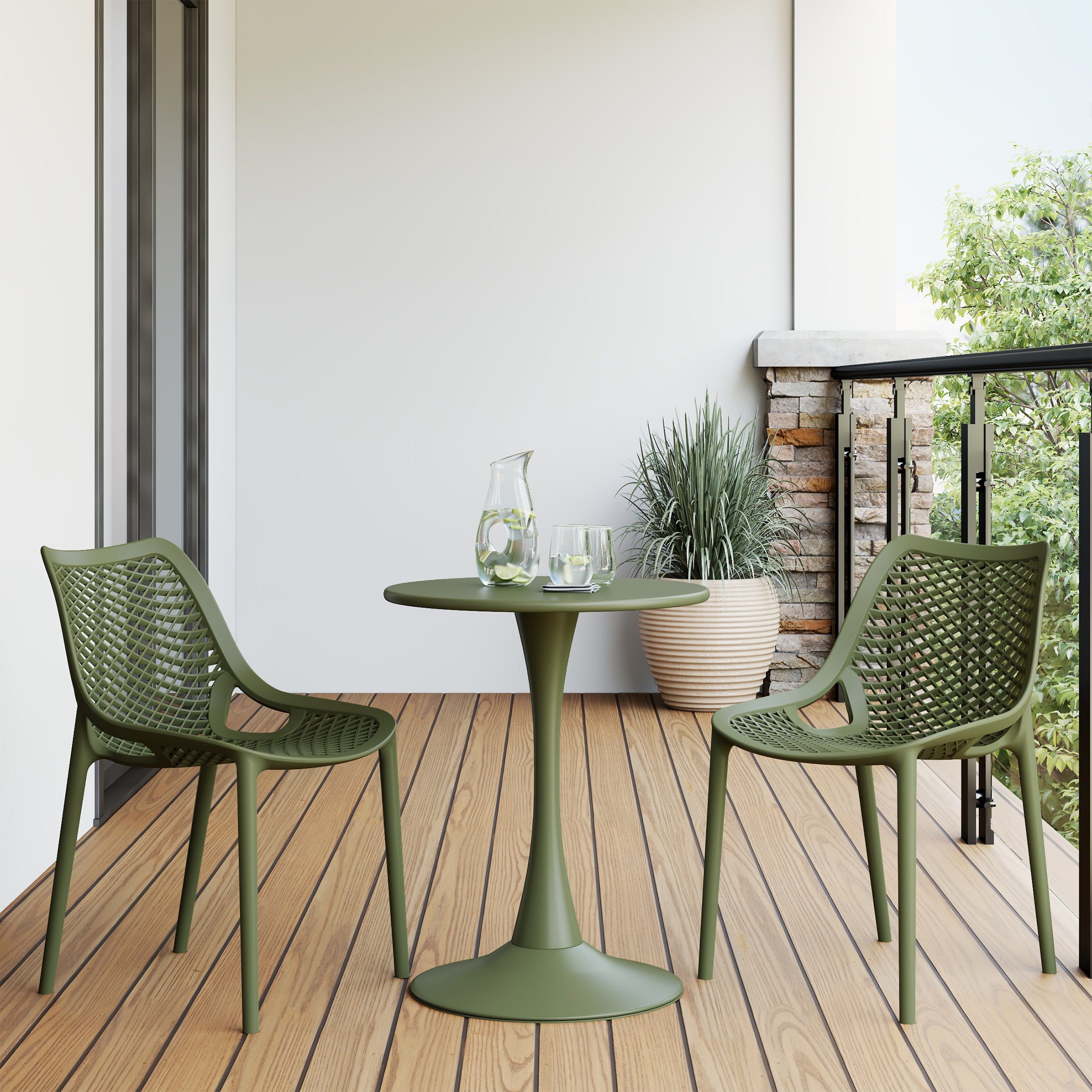 Sunshine 3-Piece Outdoor Round Metal Dining Table Set And Stackable Resin Patio Dining Side Chairs