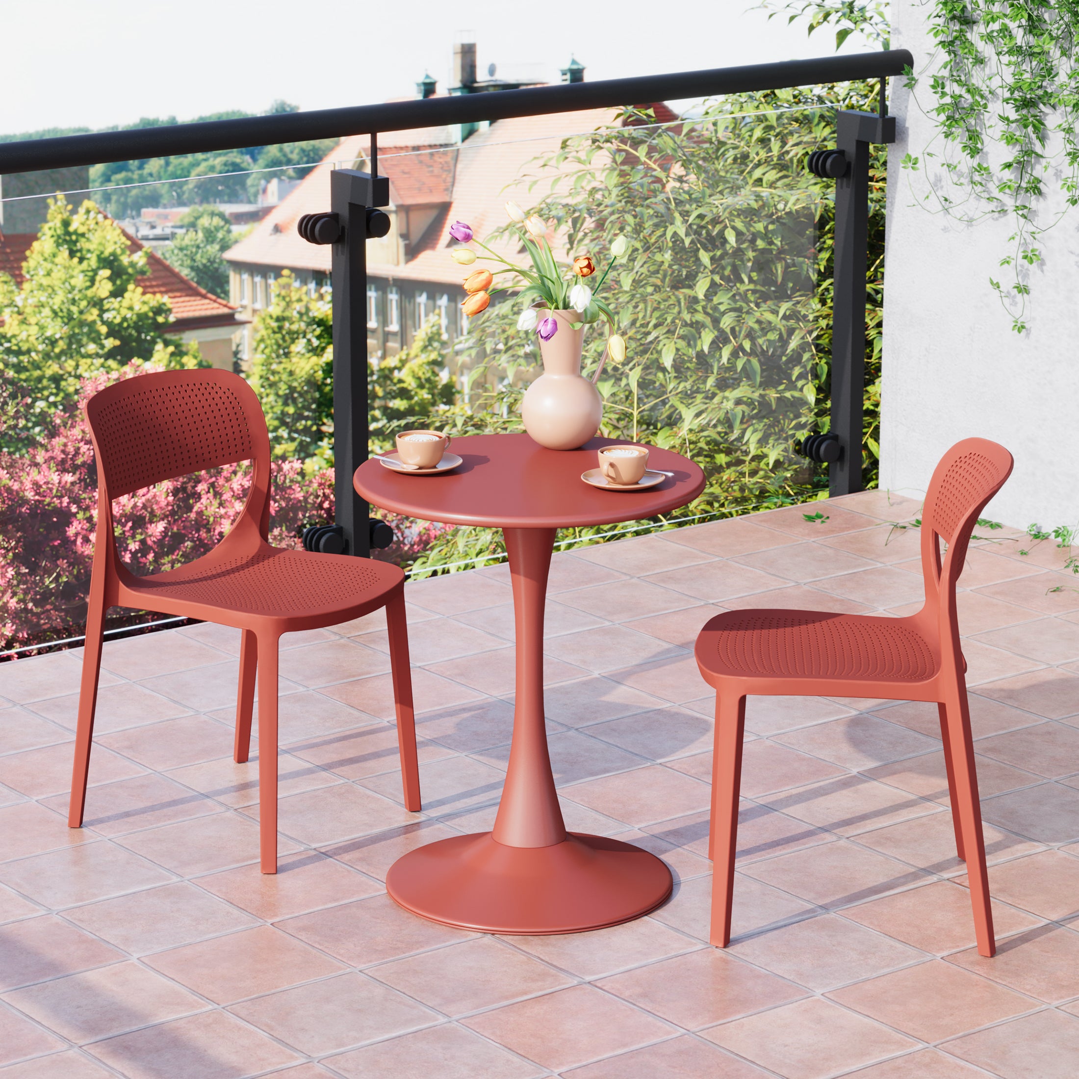 Sunshine 3-Piece Round Metal Bistro Dining Table Set And Stackable Resin Patio Dining Side Chairs