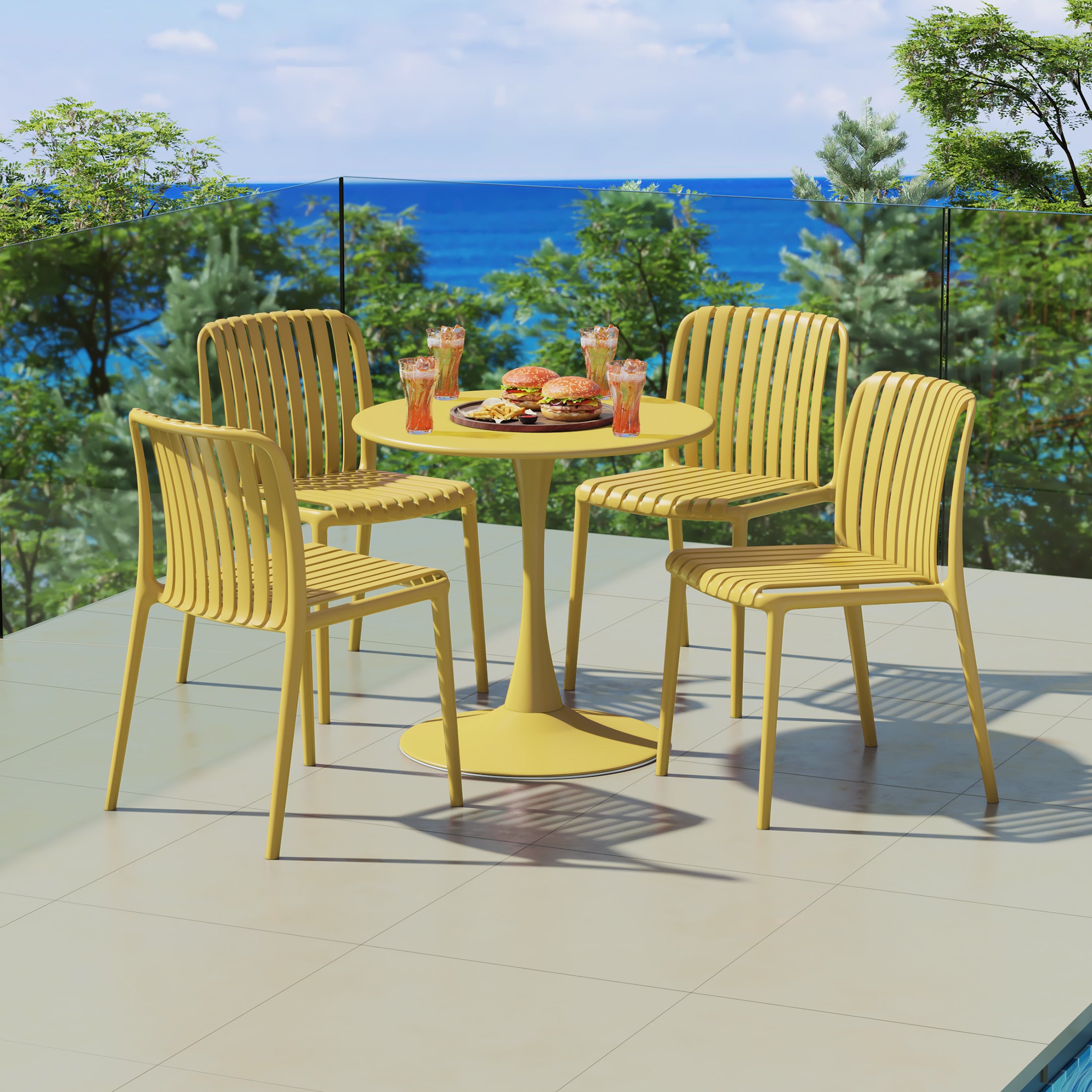 Sunshine 5-Piece Outdoor Metal Dining Table Set And Stackable Resin Patio Chairs