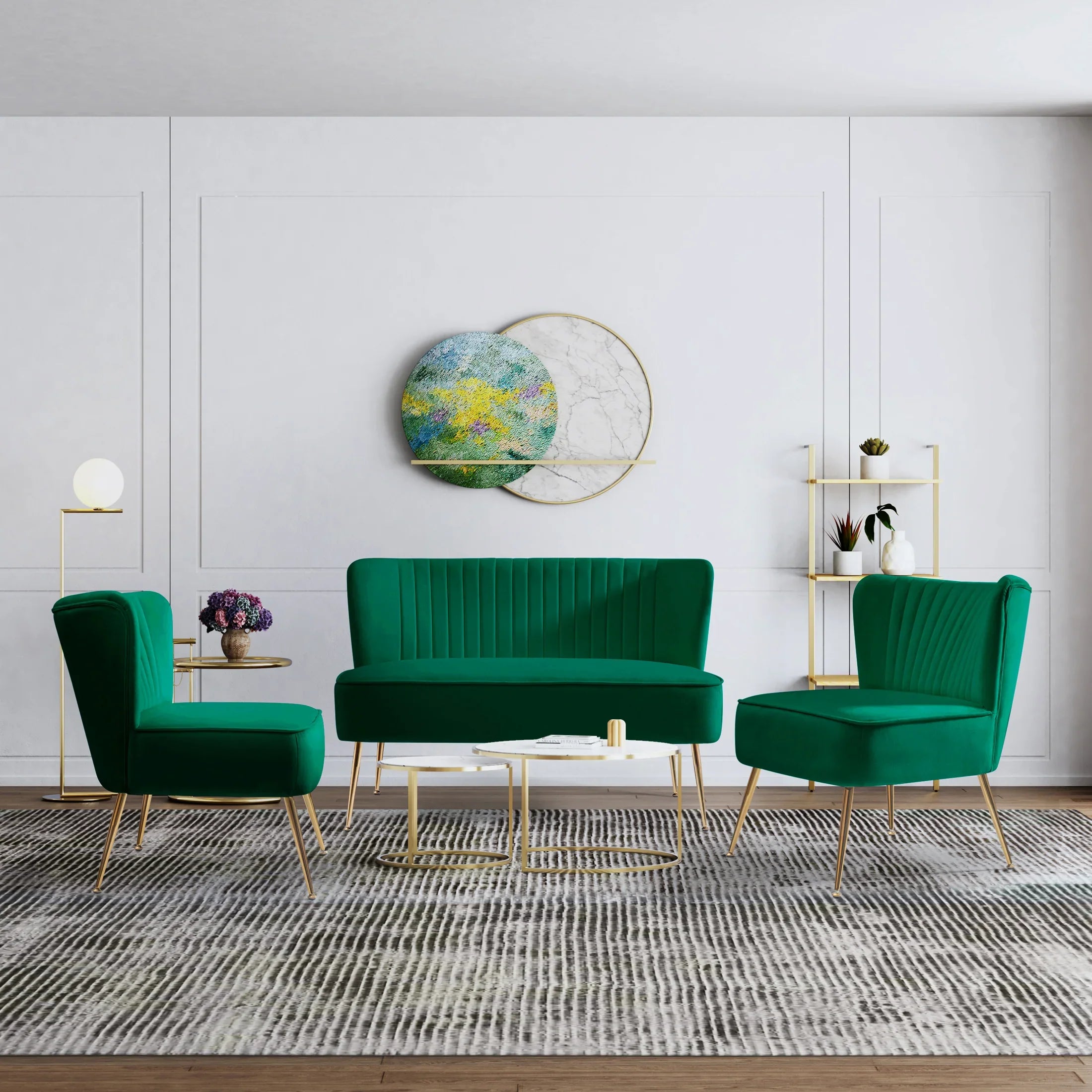 Alaia Mid Century Modern Tufted Velvet Loveseat Sofa and 25" Accent Chair 3-Piece Set