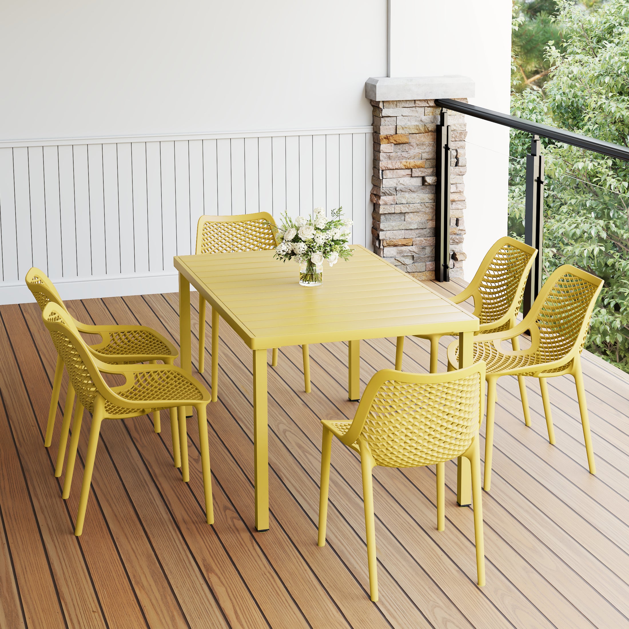 Sunshine 7-Piece Outdoor Metal Patio Dining Table Set With Stackable Patio Chairs