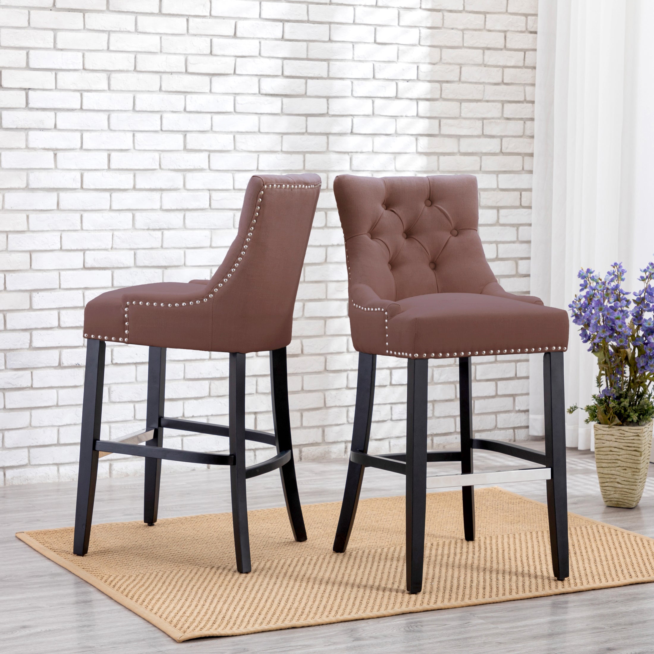 Bellmount 29" Upholstered Wood Bar Stool with Tufted Back (Set of 2)