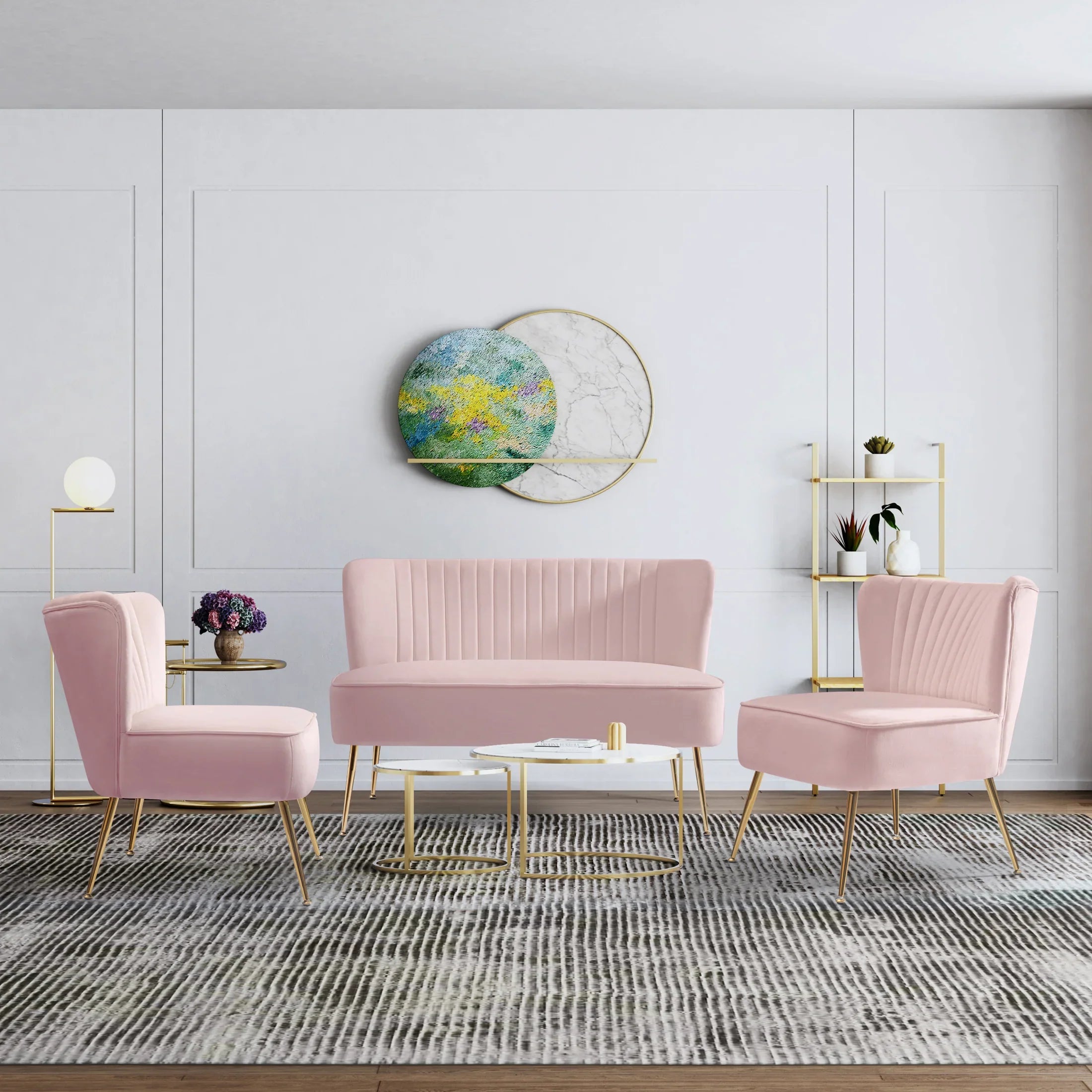 Alaia Mid Century Modern Tufted Velvet Loveseat Sofa and 25" Accent Chair 3-Piece Set