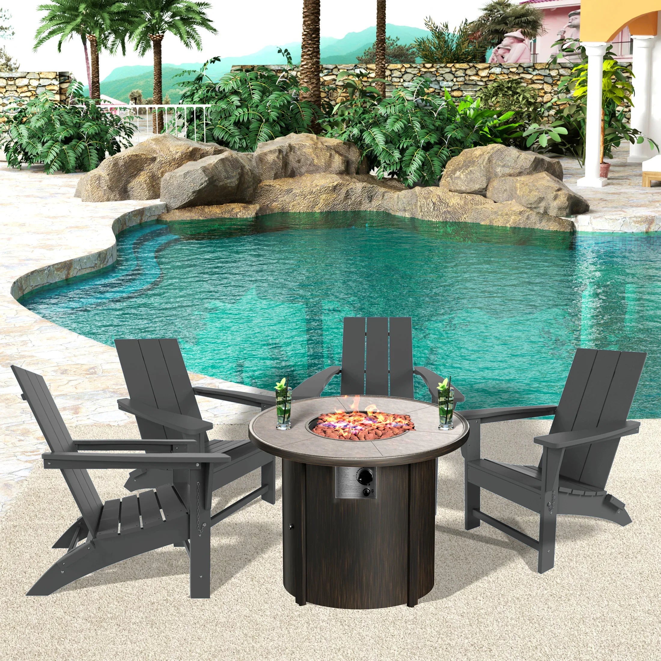 Palms Modern Folding Poly Adirondack Chair With Round Fire Pit Table