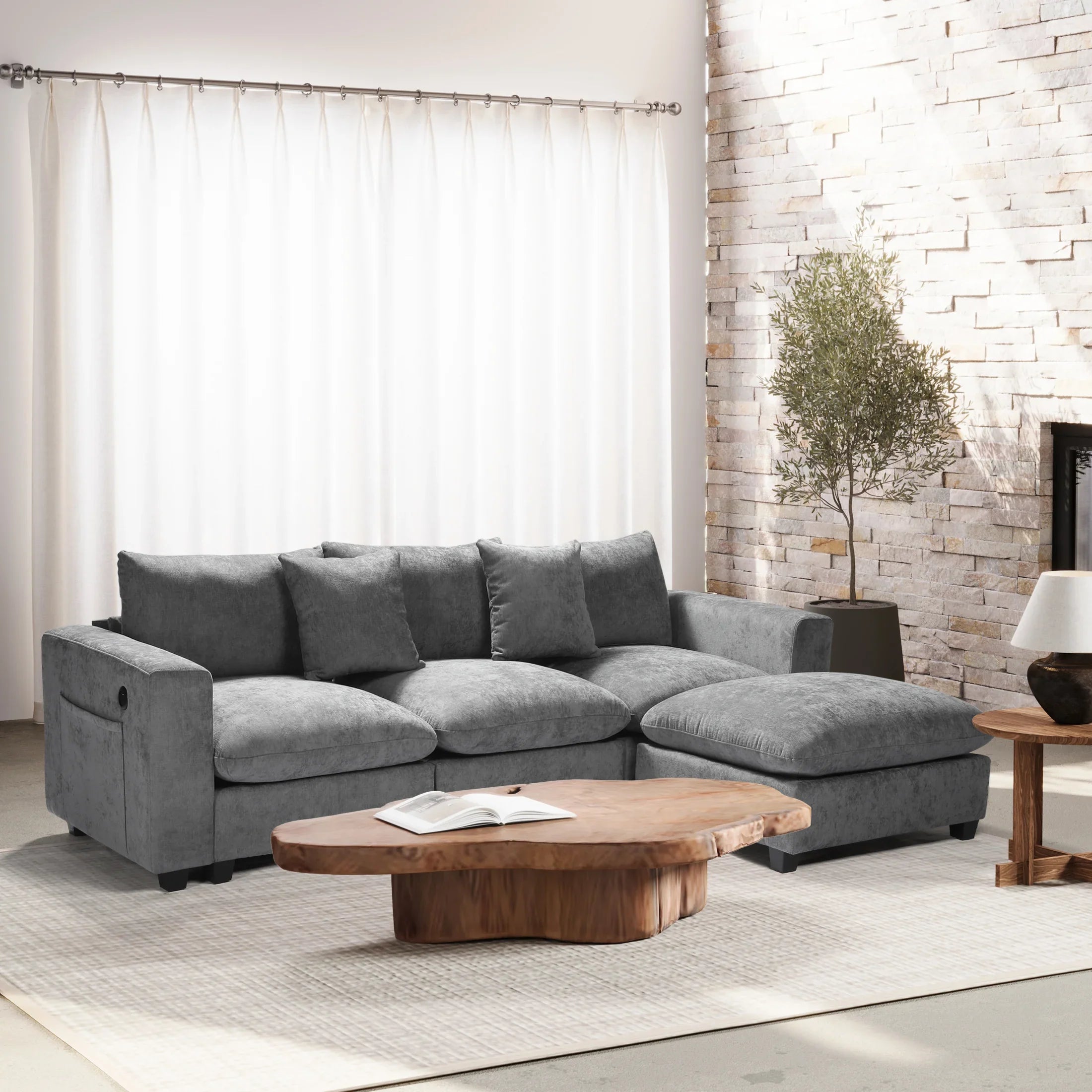 Springfield 99" Modular Chenille L-Shaped Sectional Sofa and Chaise With USB/Type-C Ports and Side Pockets