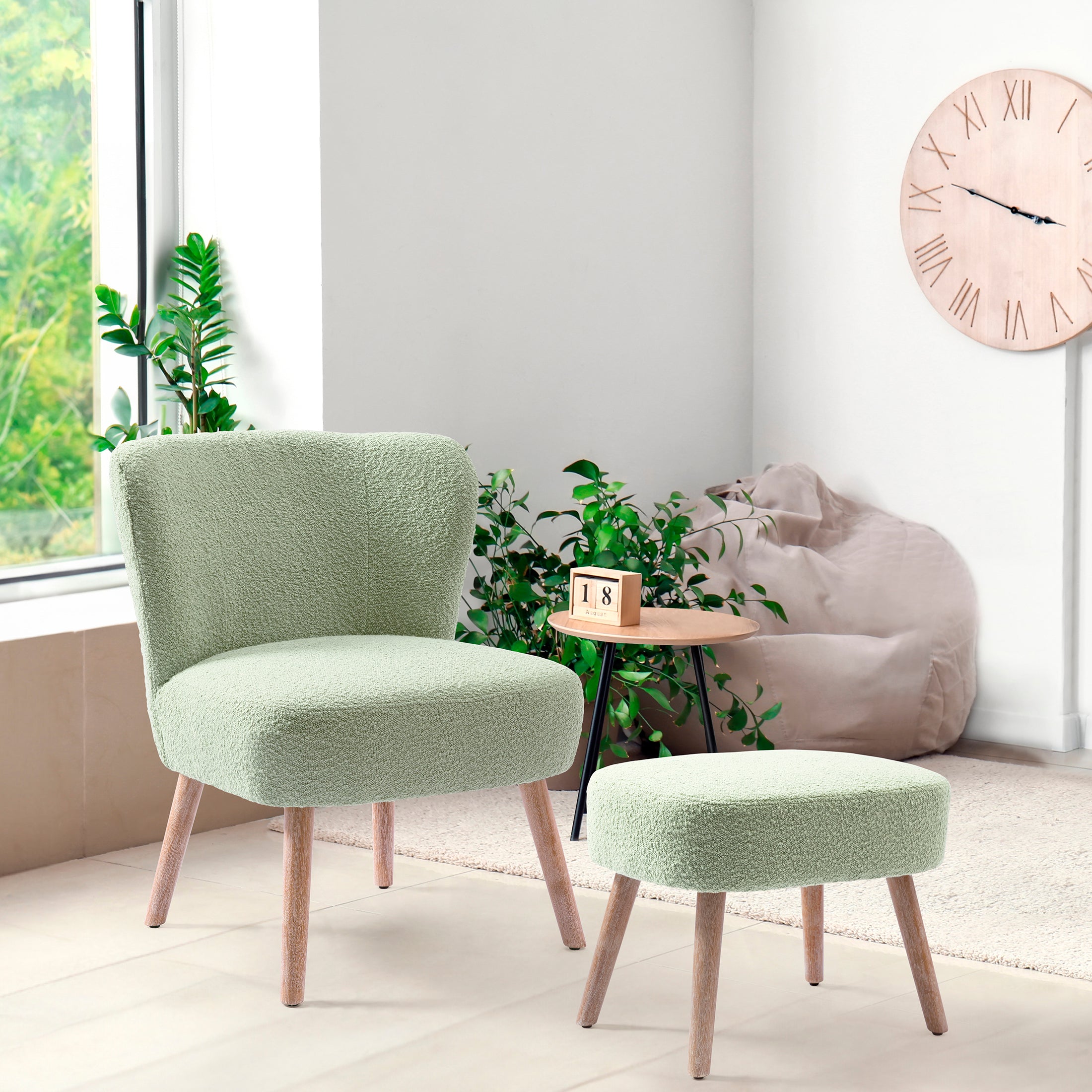 Amélie Mid-Century Boucle Accent Chair with Ottoman Foot Stool Set