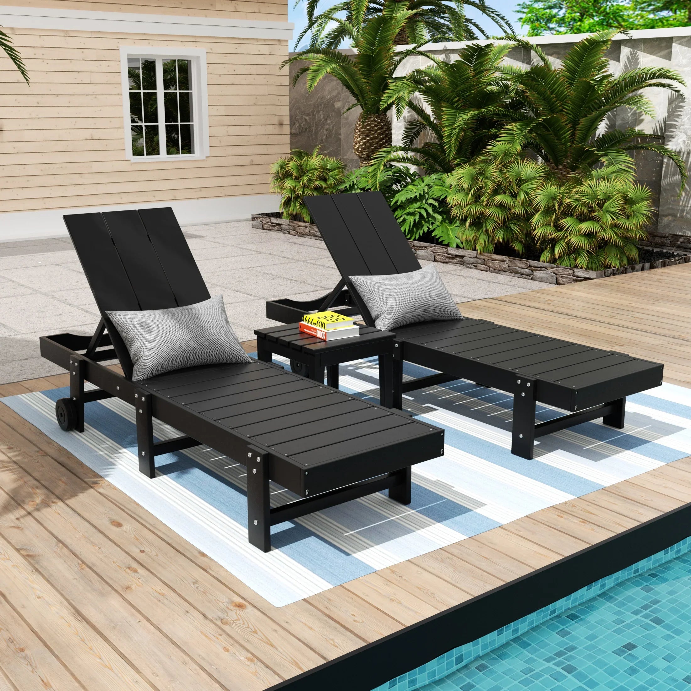 Palms 3 Piece Modern Poly Reclining Chaise Lounge With Wheels