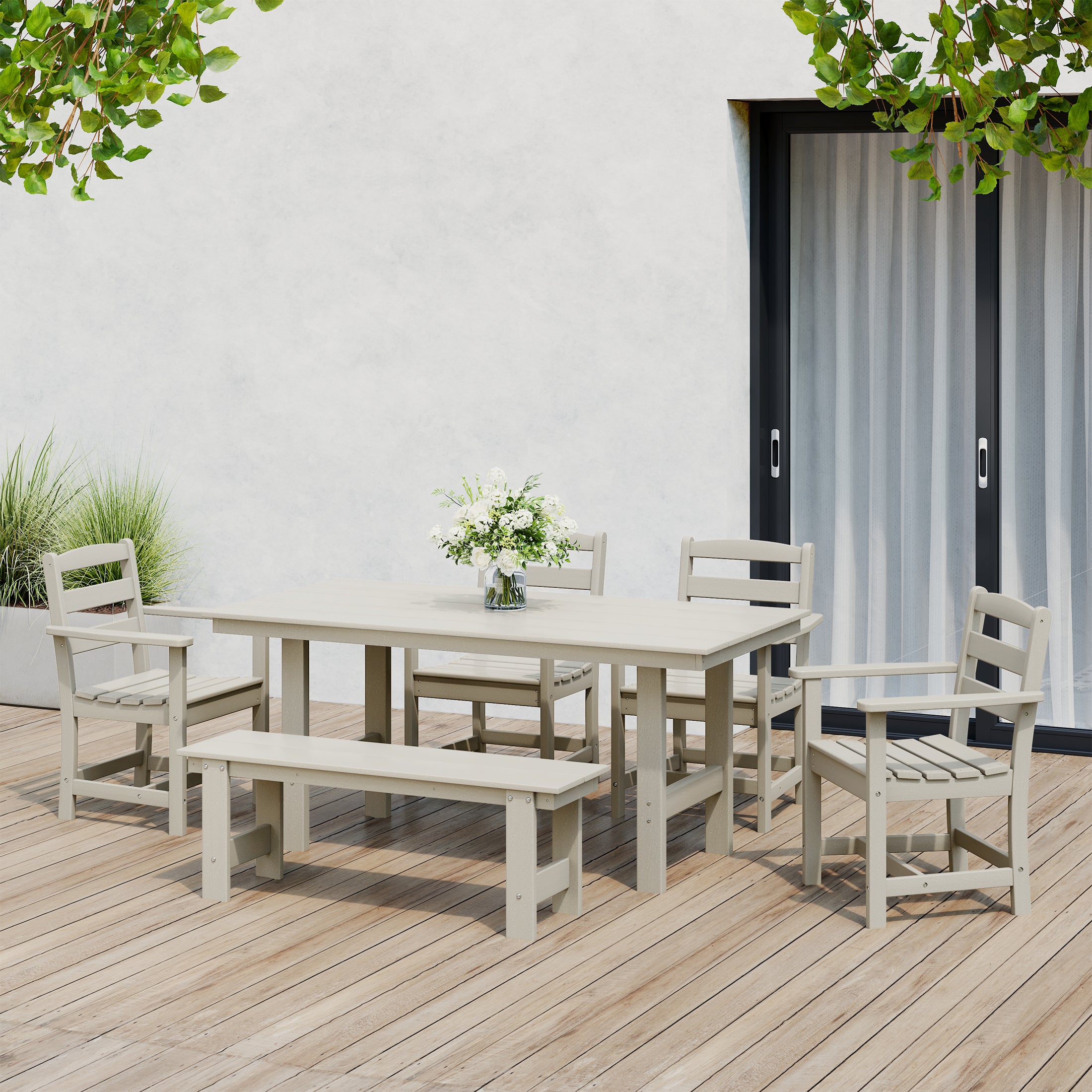 Palms 6-Piece Outdoor HDPE Patio Dining Table Set with Bench