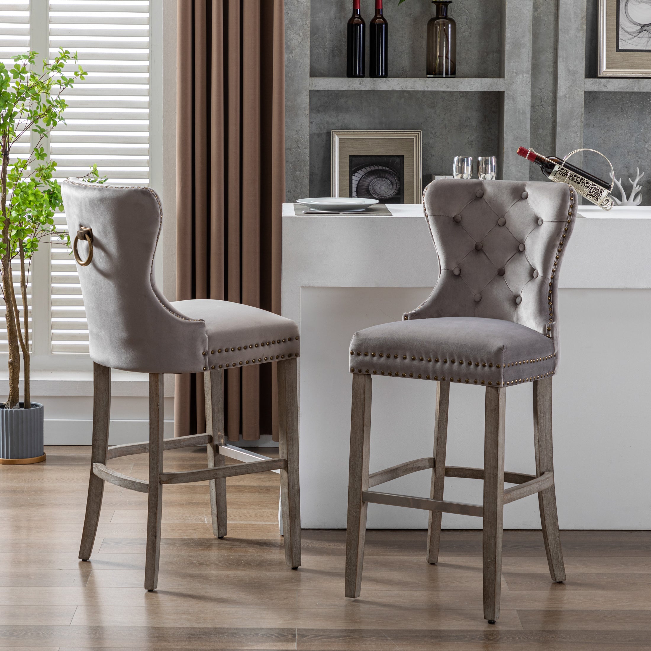 Hank 29" Tufted Velvet Bar Stool (Set of 2), Antique Gray