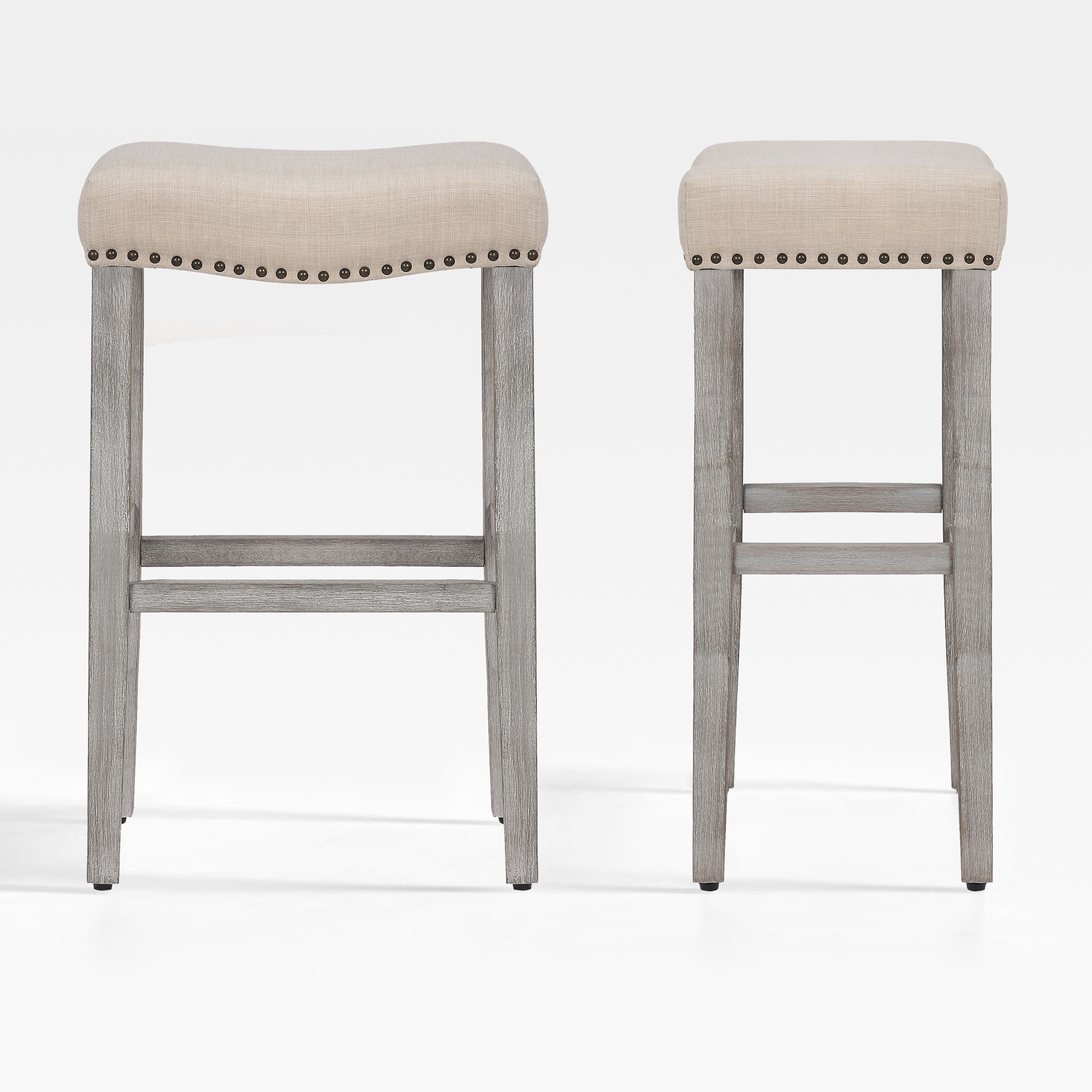 Bulmon 29" upholstered nail head bar counter stools with Antique Gray color legs (2 piece set)