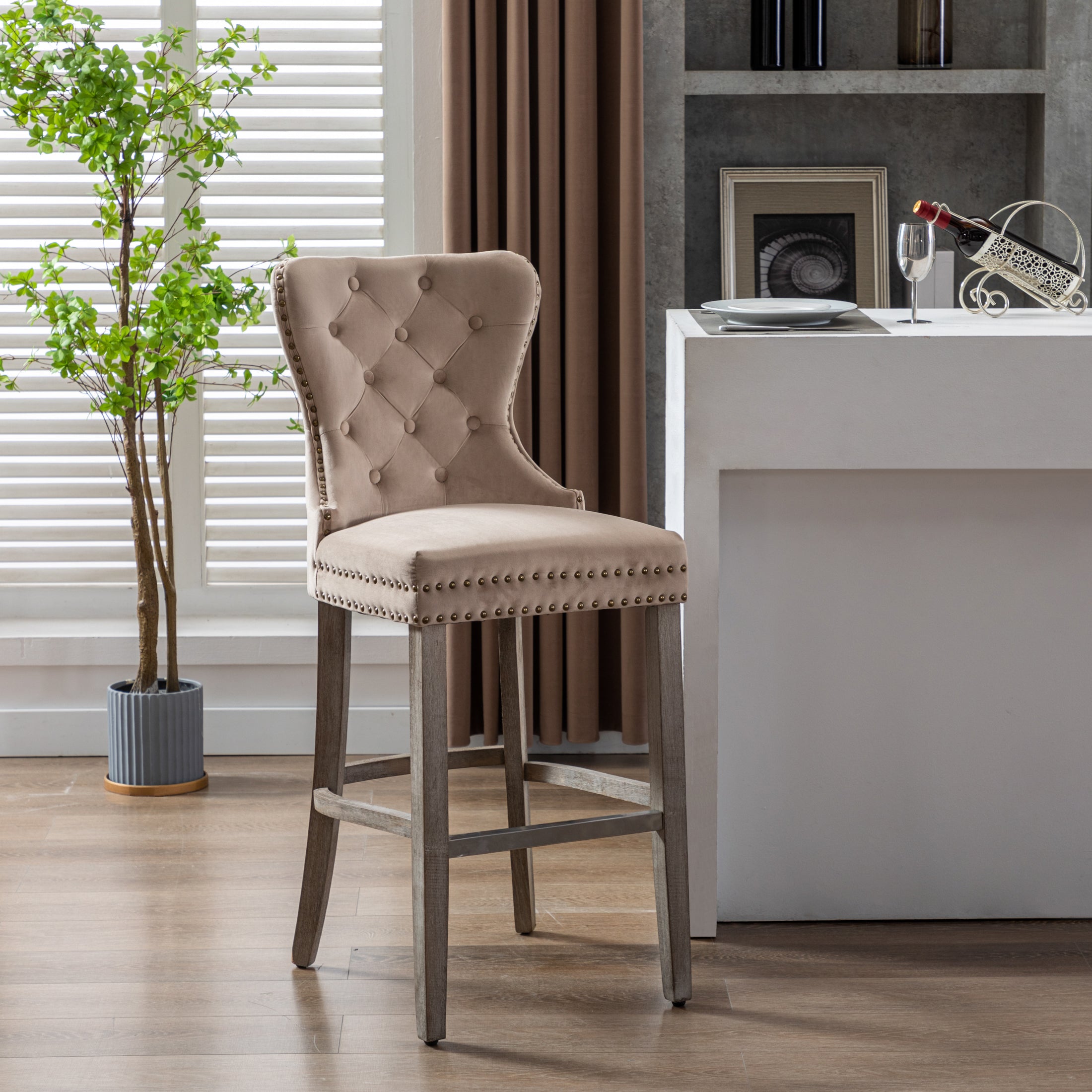 Hank 29" Tufted Velvet Bar Stool, Antique Gray