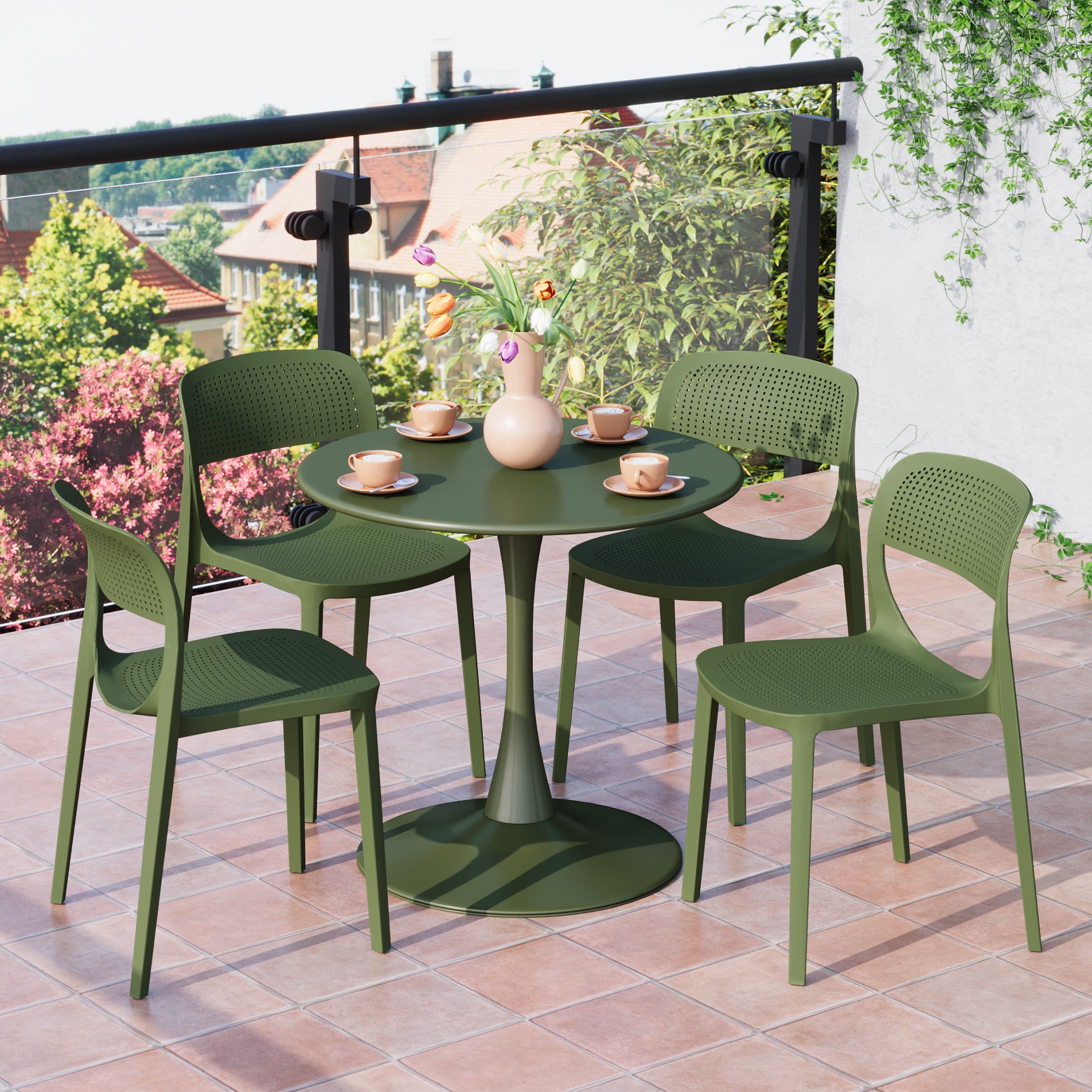 Sunshine 5-Piece Round Metal Bistro Dining Table Set And Stackable Resin Patio Dining Side Chairs