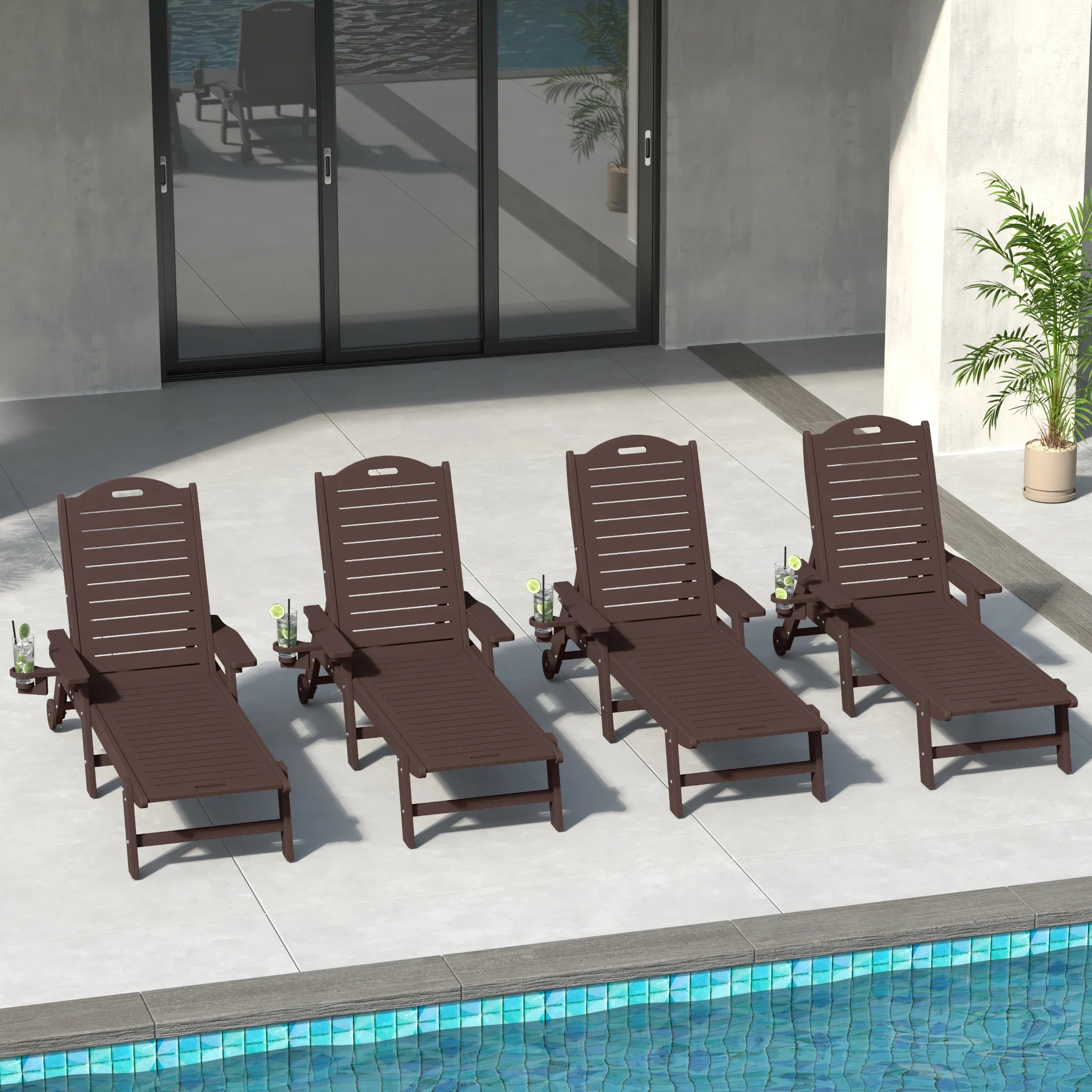 Lago Outdoor HDPE Patio Chaise Lounges With Wheels & Cup Holder (Set of 4)