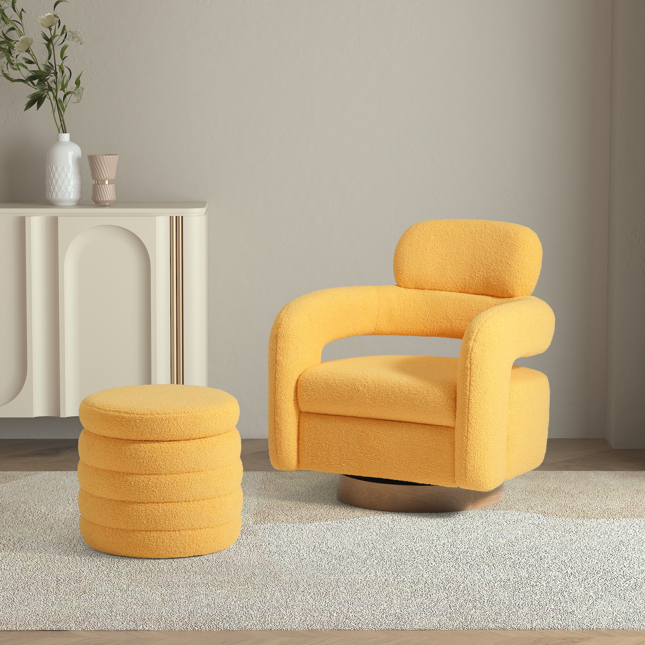 Celine Mid-Century Modern Sherpa Swivel Barrel Accent Chair With Storage Ottoman