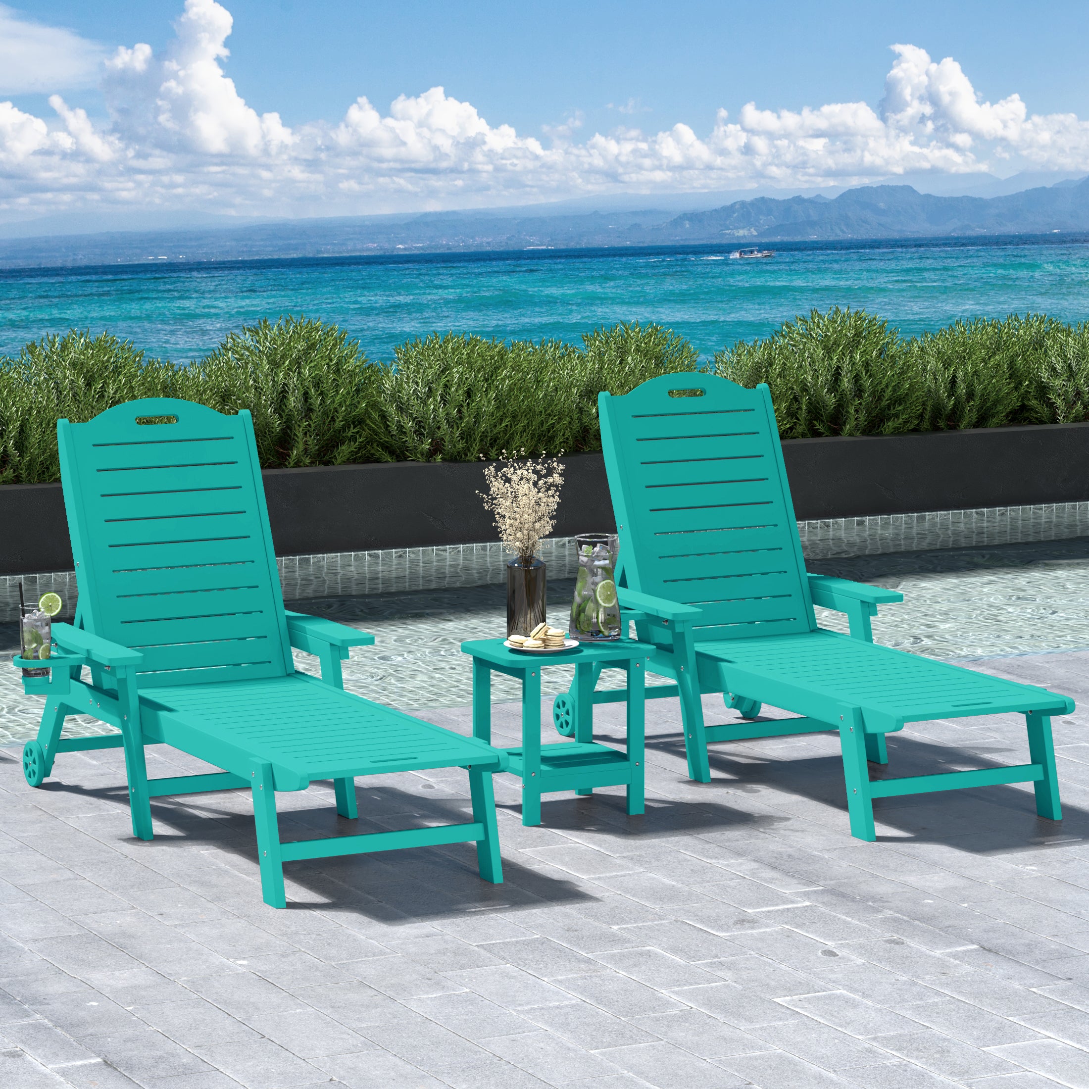 Lago 3-Piece Outdoor Patio Chaise Lounge Chair with Wheels & Cup Holder with Patio Side Table