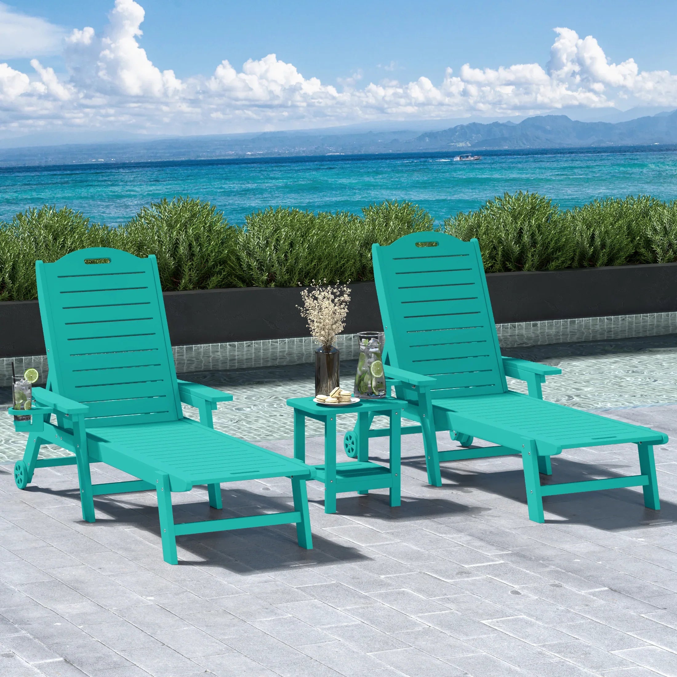 Lago 3-Piece Outdoor Patio Chaise Lounge Chair with Wheels & Cup Holder with Patio Side Table
