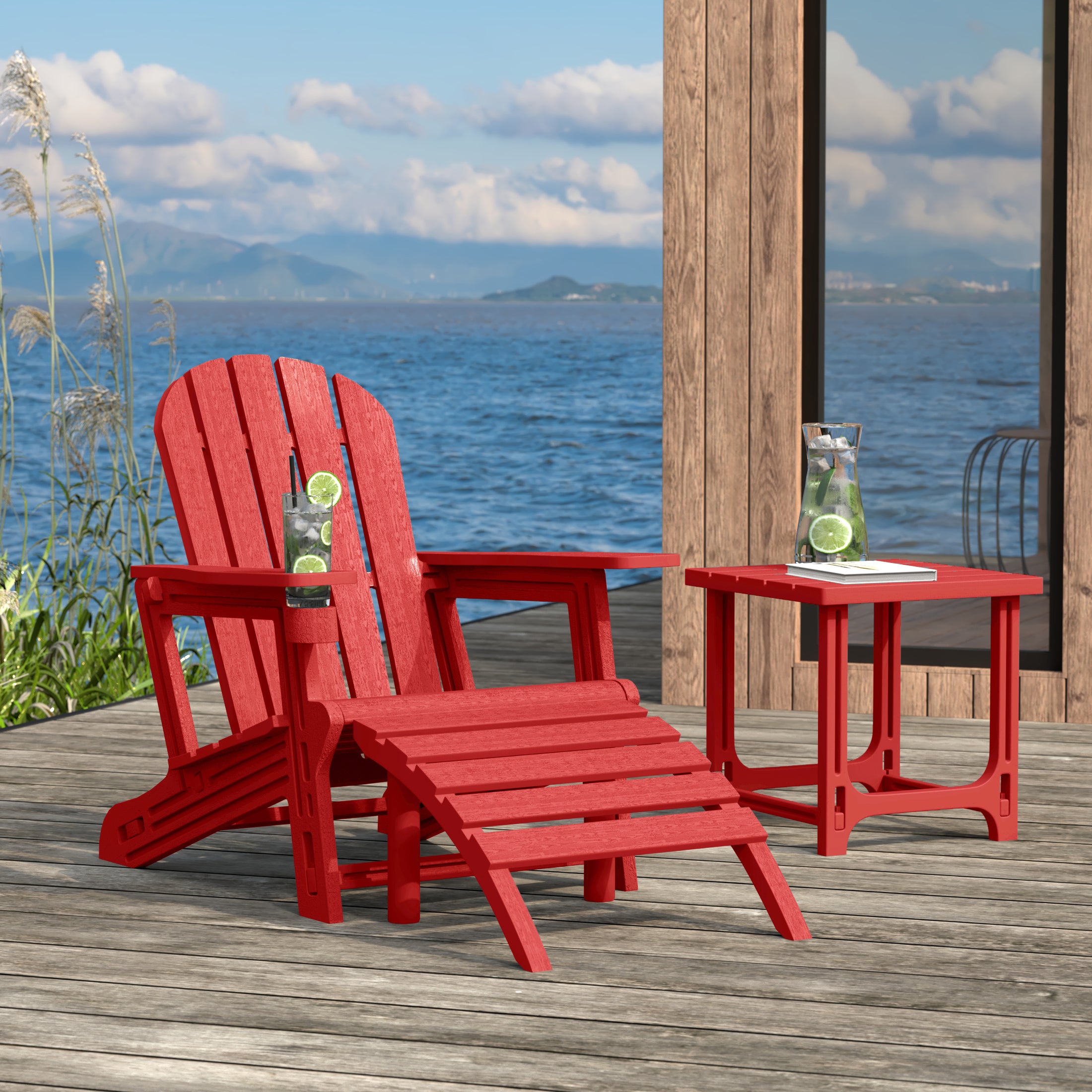 Cayman 3-Piece HDPE Outdoor Patio Adirondack Chair with Ottoman and 18" Side Table Set
