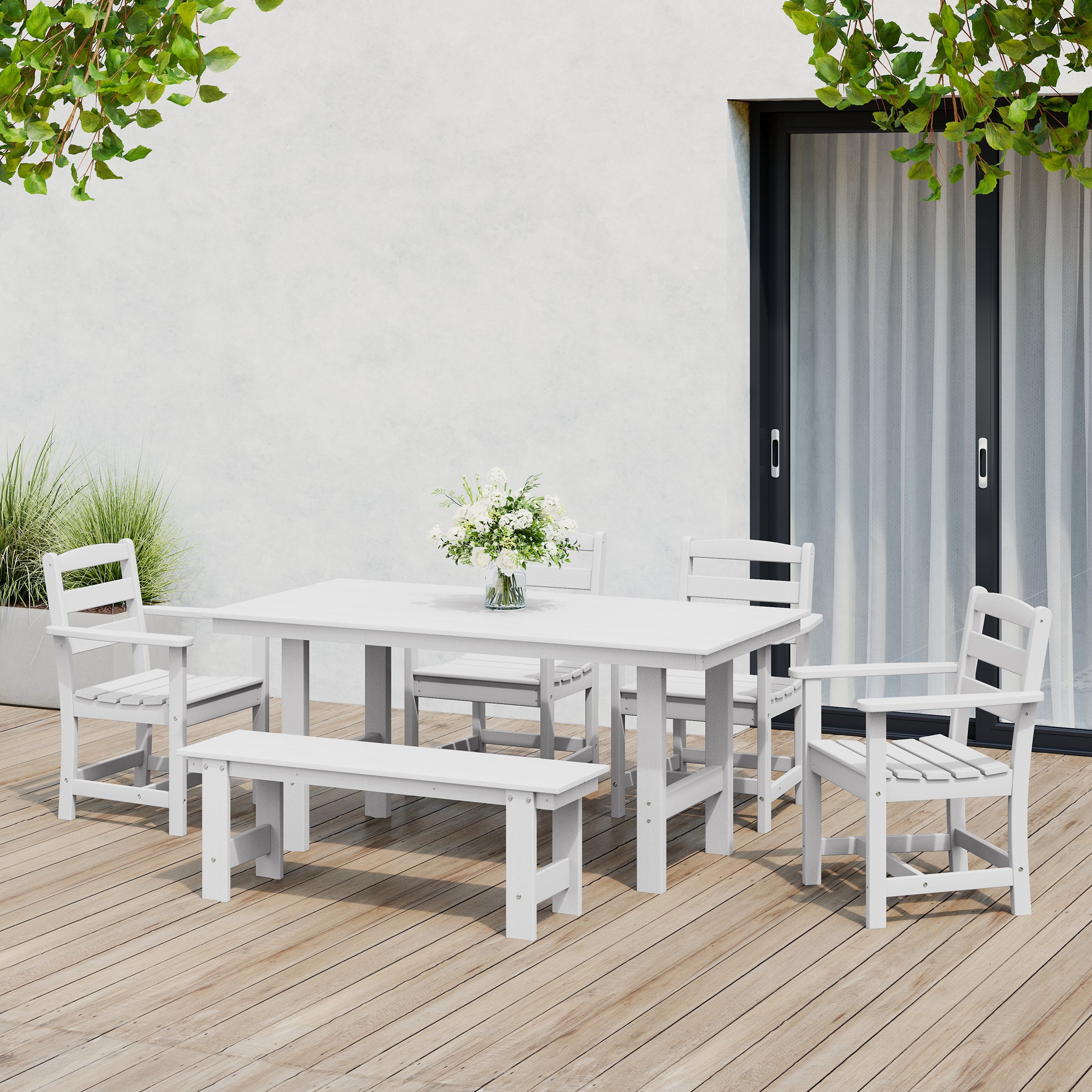 Palms 6-Piece Outdoor HDPE Patio Dining Table Set with Bench