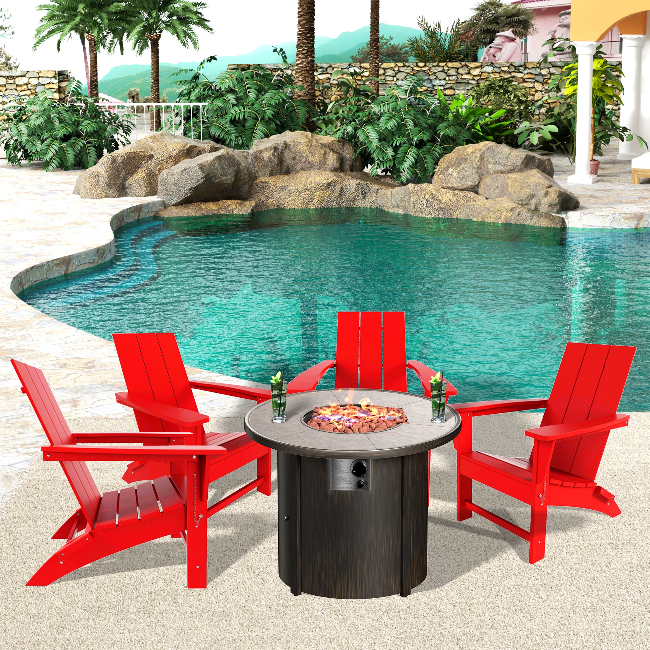 Palms Modern Folding Poly Adirondack Chair With Round Fire Pit Table