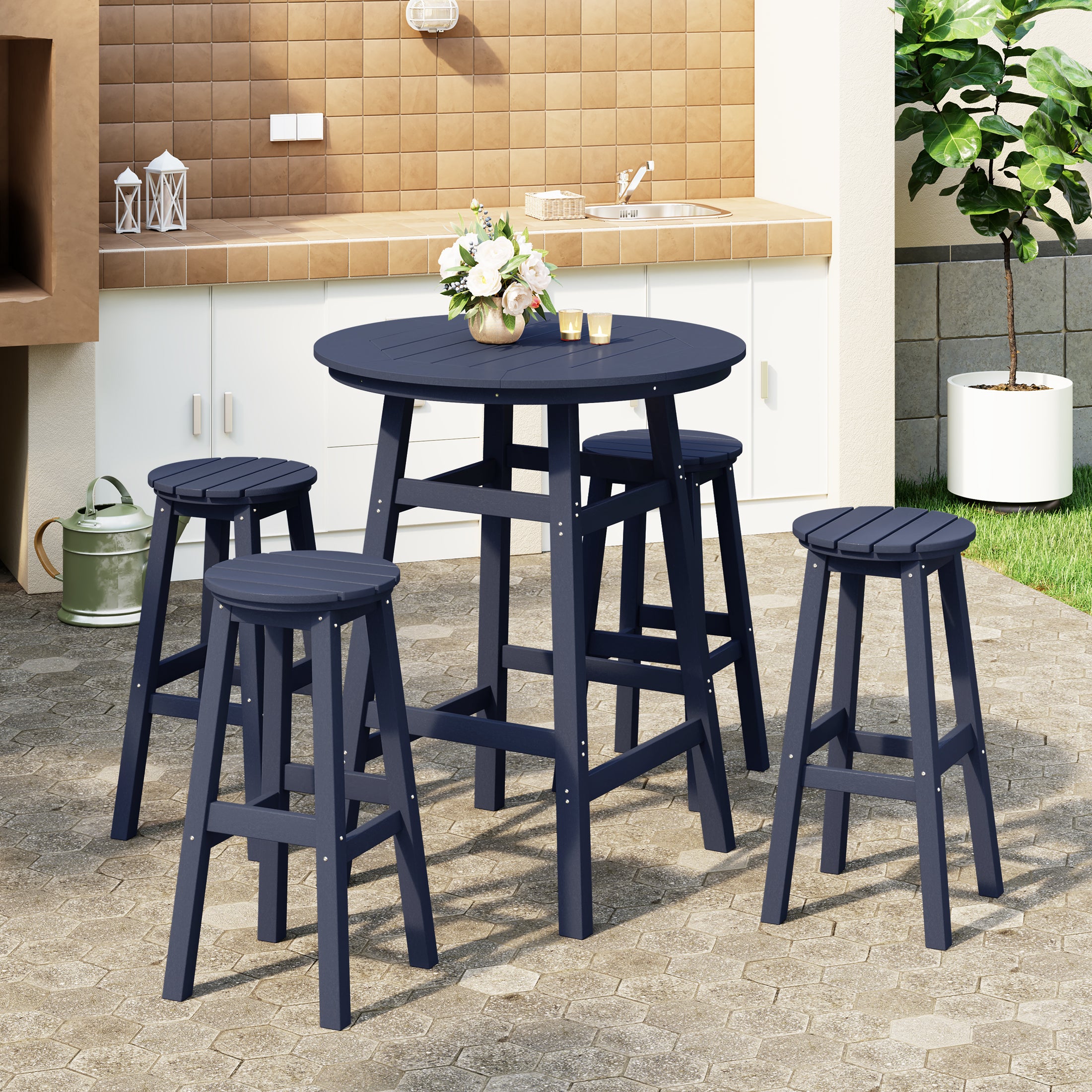 Paradise 5-Piece HDPE Outdoor Patio Dining Bar Bistro Table Set with Bar Stools
