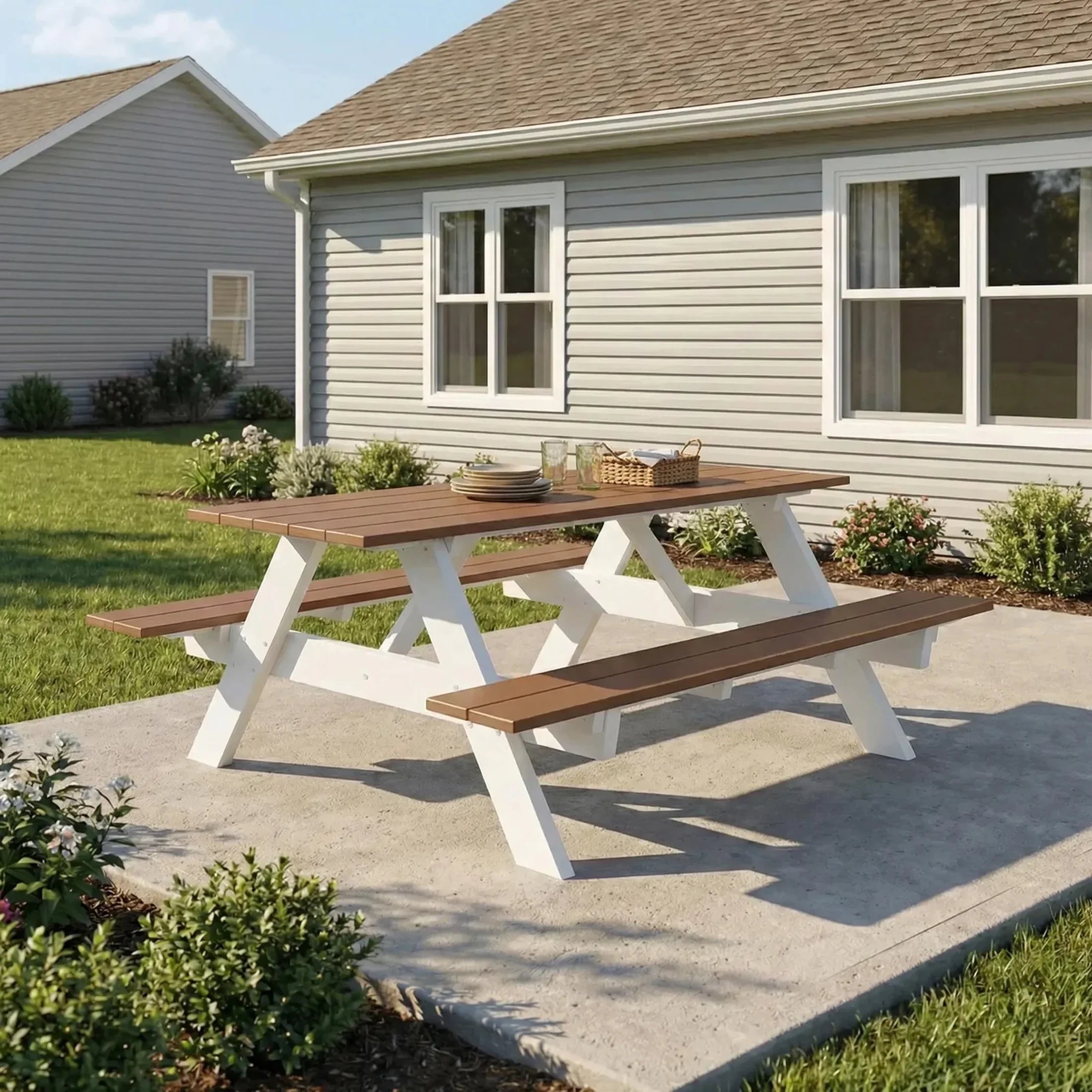 Macon Outdoor 70" HDPE Plastic Picnic Table Bench With Umbrella Hole