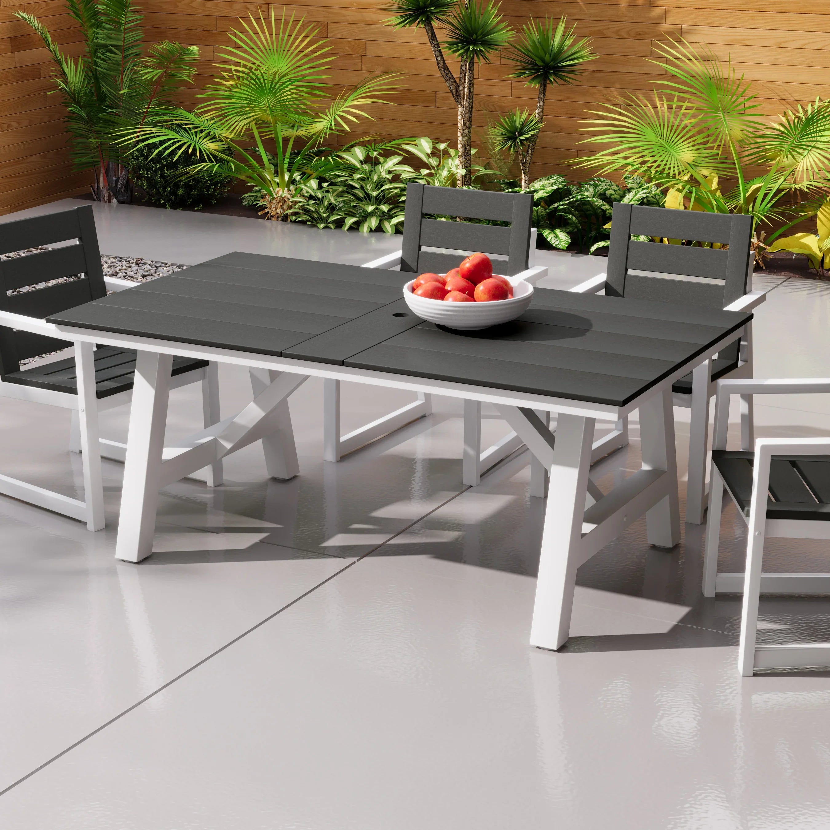 Stinson 72" HDPE Rectangle Outdoor Patio Dining Table With Umbrella Hole and Metal Frame