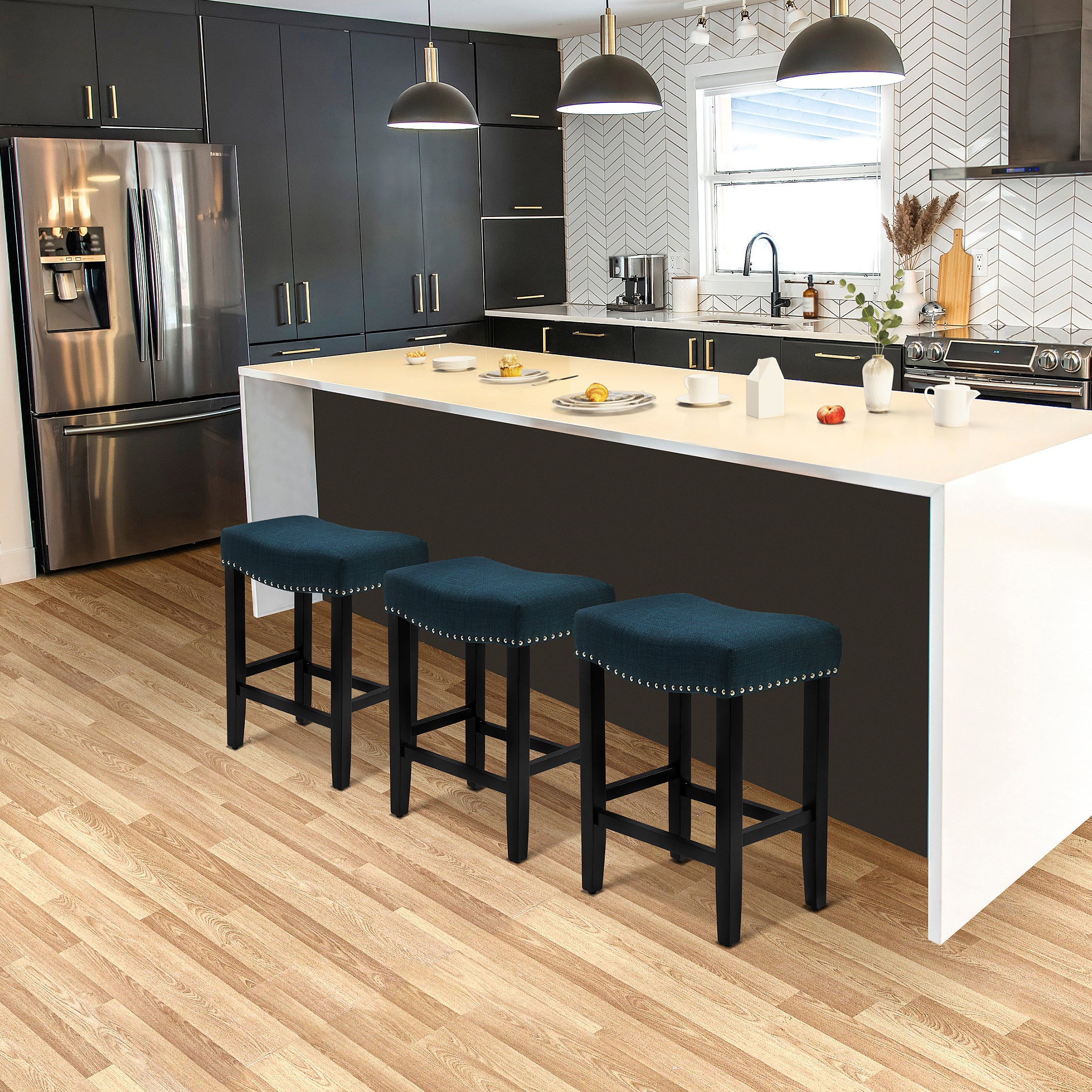 Bulmon 24" Upholstered Saddle Seat Black Counter Stool (Set of 3)