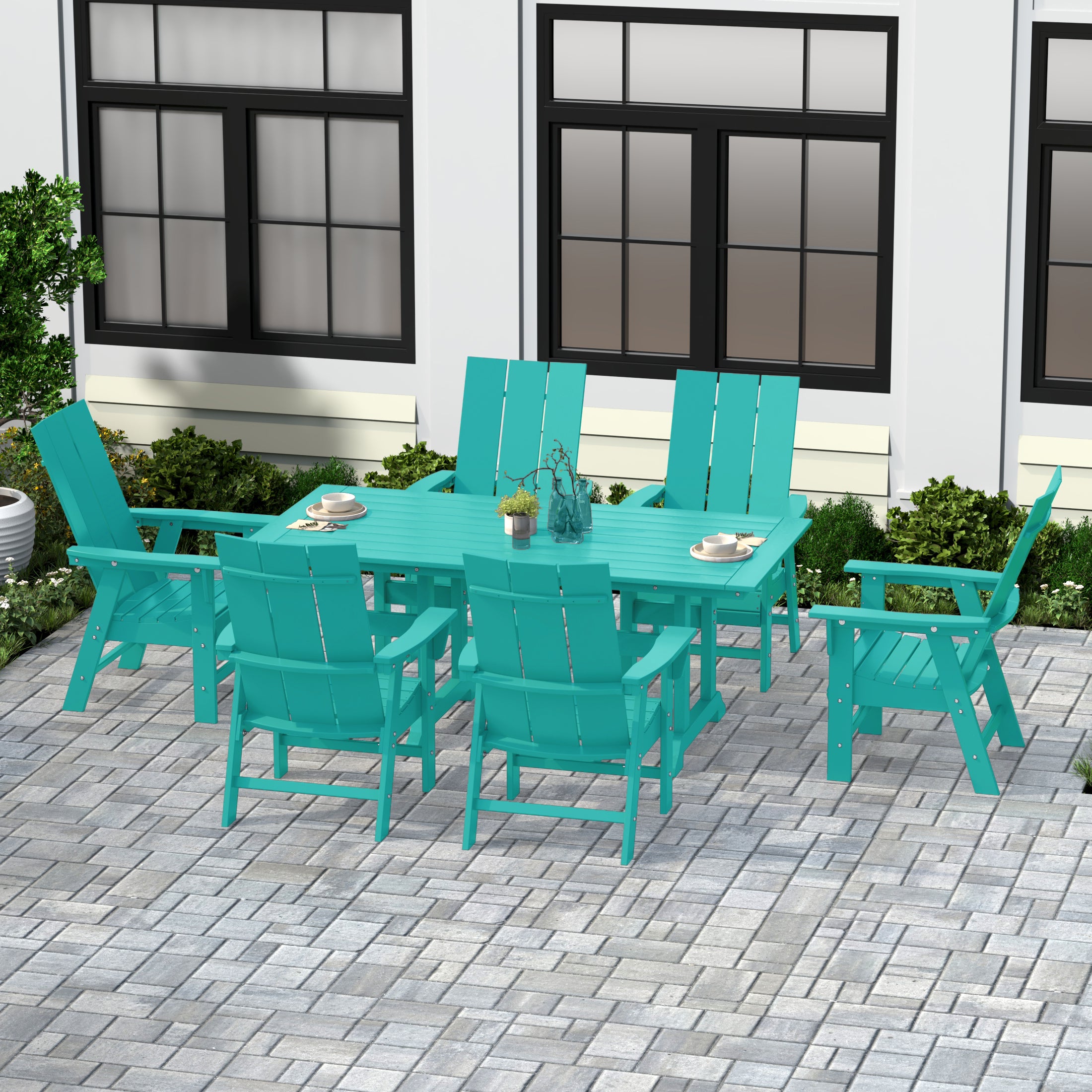 Palms 7 Piece Outdoor Patio Dining Table and Modern Adirondack Armchair Set