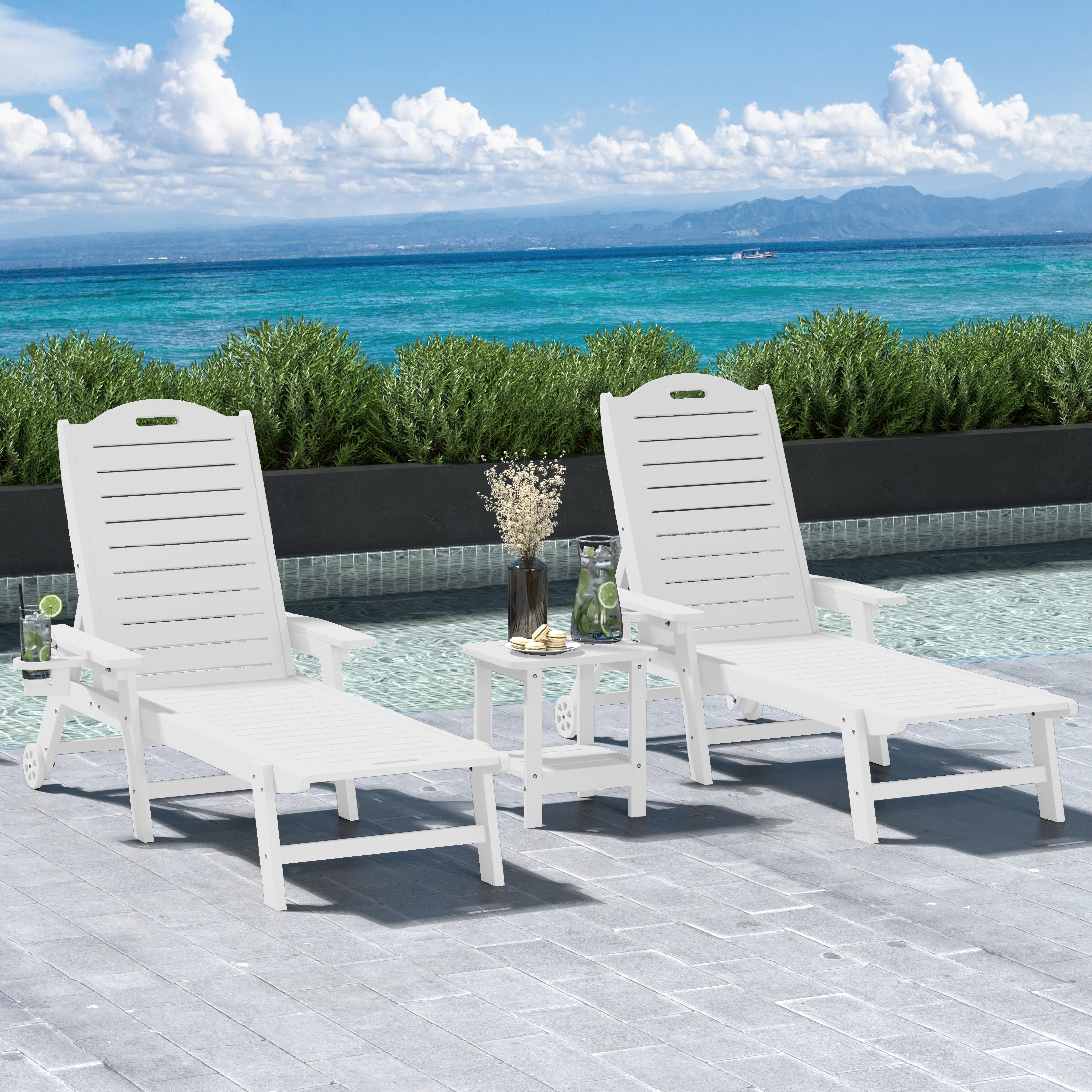 Lago 3-Piece Outdoor Patio Chaise Lounge Chair with Wheels & Cup Holder with Patio Side Table