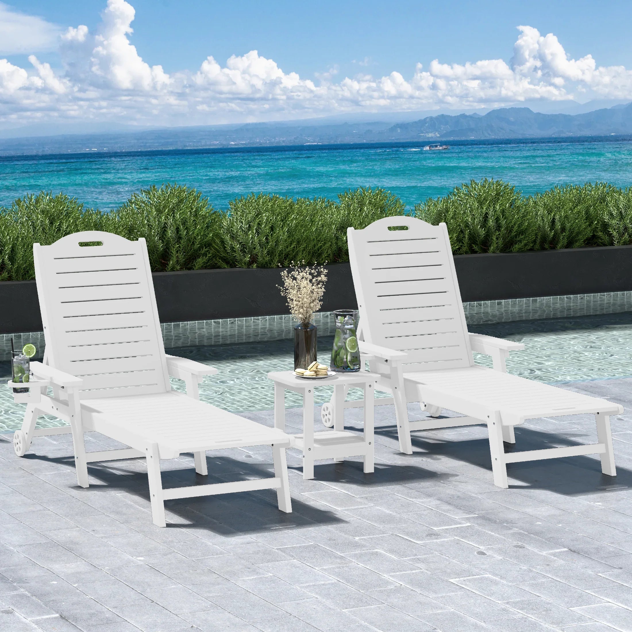 Lago 3-Piece Outdoor Patio Chaise Lounge Chair with Wheels & Cup Holder with Patio Side Table