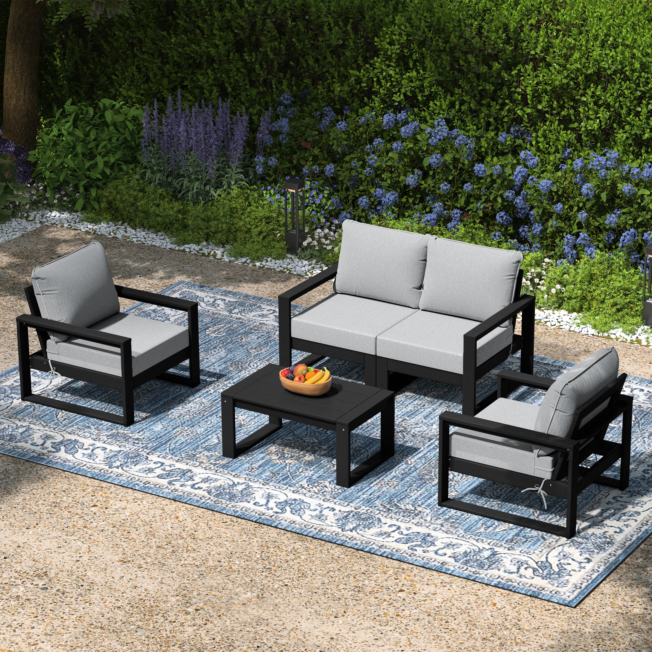 Rockaway 5-Piece Modern HDPE Outdoor Patio Furniture Sofa Conversation Set with Coffee Table