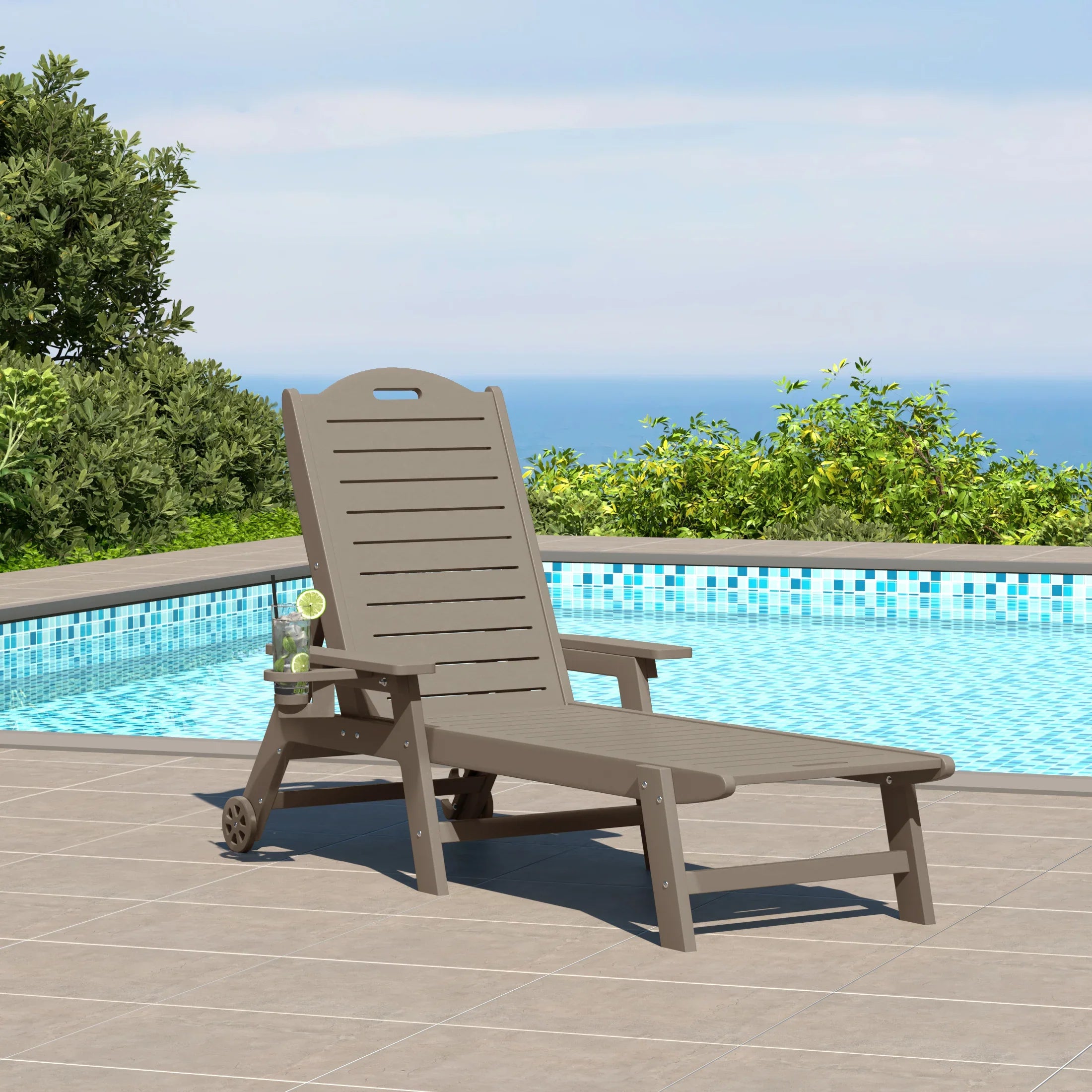 Lago Outdoor HDPE Patio Chaise Lounge With Wheels & Cup Holder