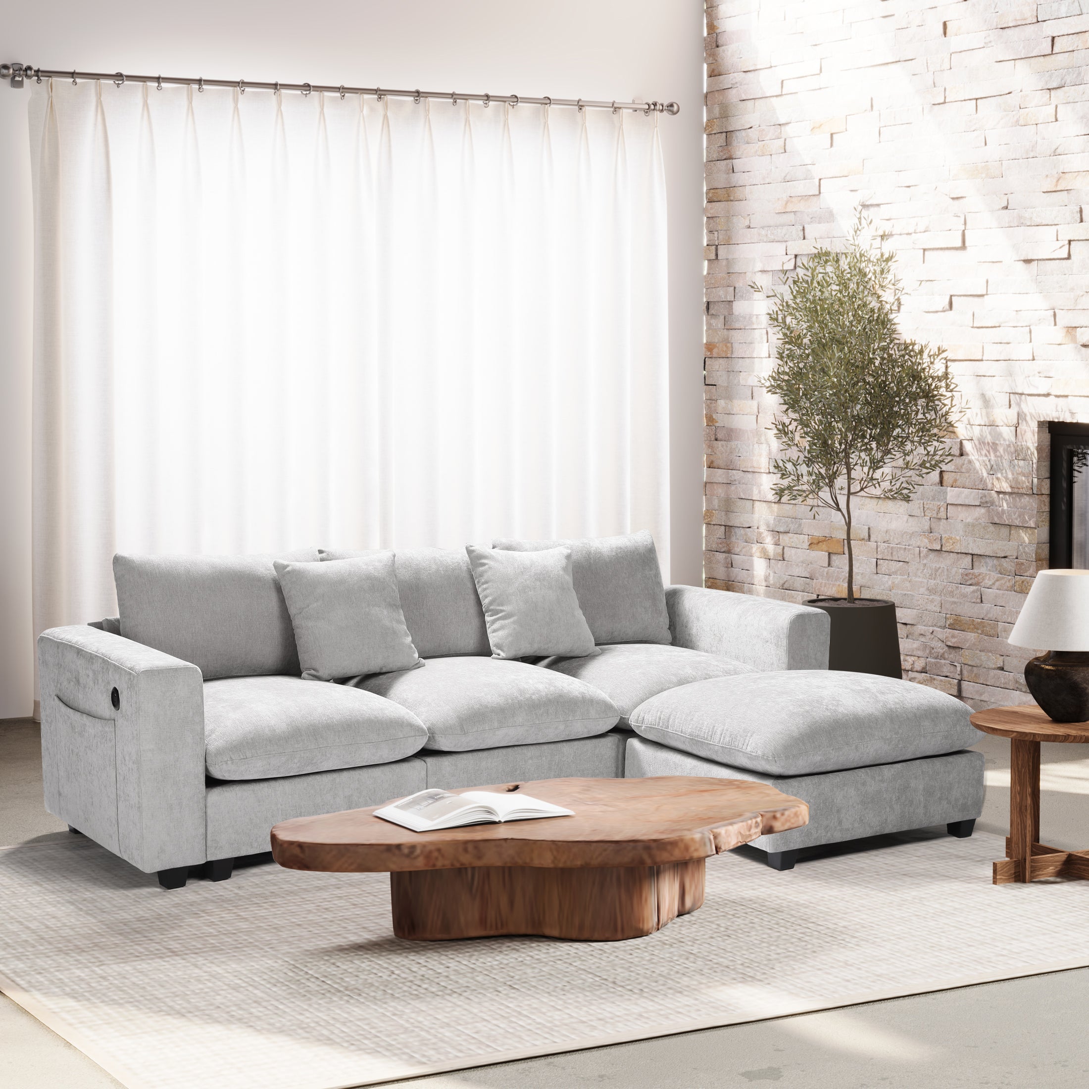 Springfield 99" Modular Chenille L-Shaped Sectional Sofa and Chaise With USB/Type-C Ports and Side Pockets