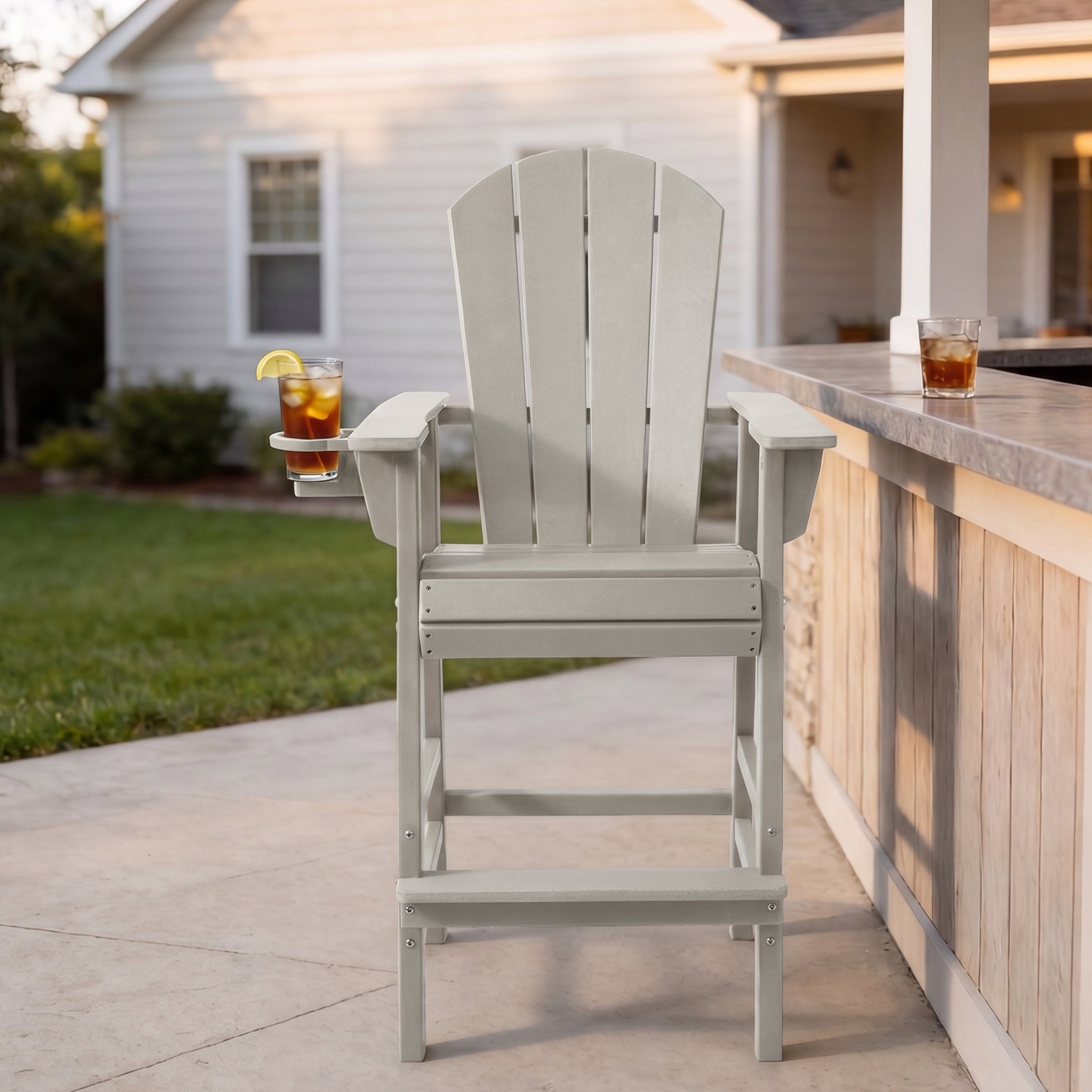 Paradise Outdoor HDPE Tall Adirondack Bar Height Chair With Cup Holder