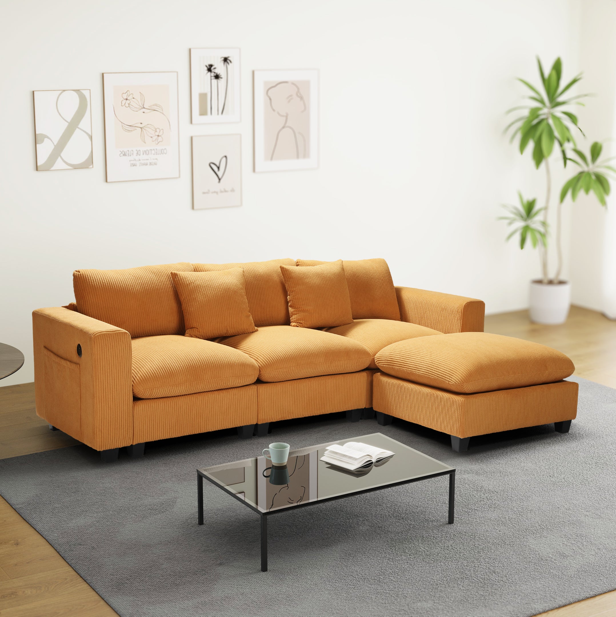 Ava 99" Modular Corduroy L-Shaped Sectional Sofa and Chaise With USB/Type-C Ports and Side Pockets