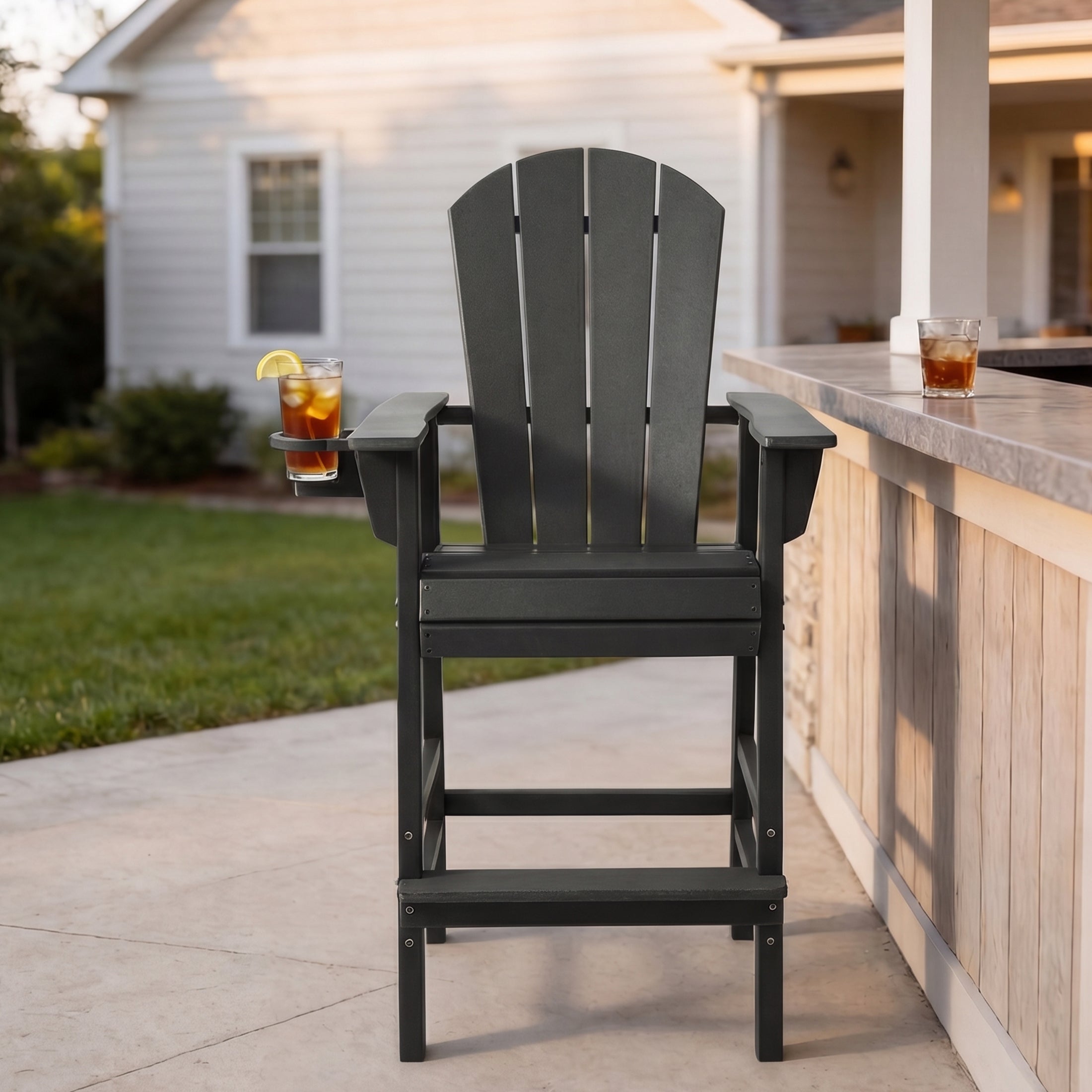 Paradise Outdoor HDPE Tall Adirondack Bar Height Chair With Cup Holder