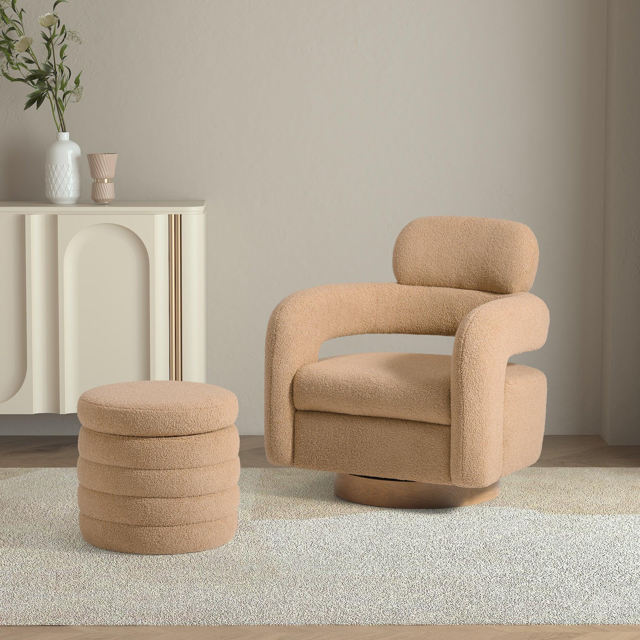 Celine Mid-Century Modern Sherpa Swivel Barrel Accent Chair With Storage Ottoman