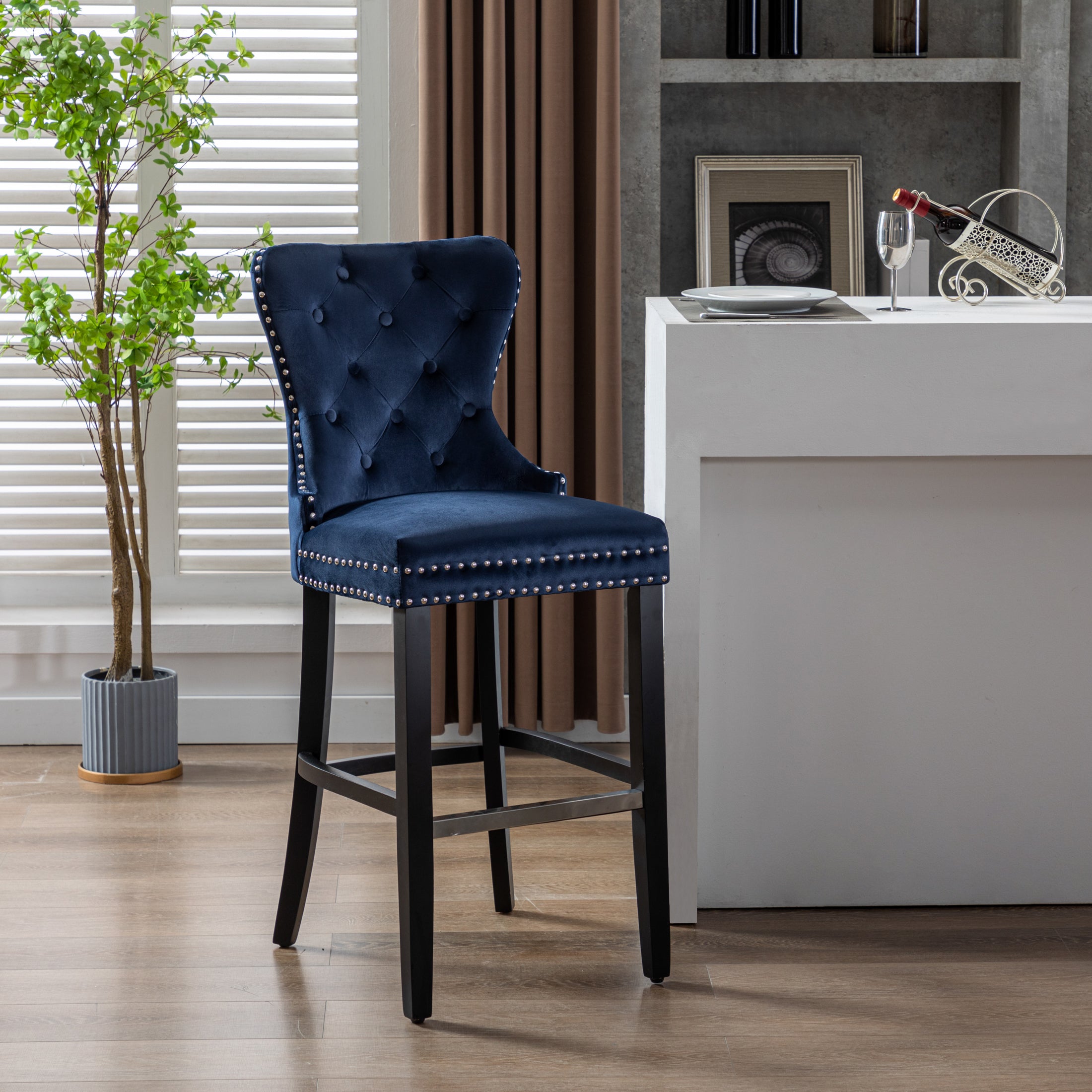 Hank 29" Tufted Velvet Bar Stool, Black