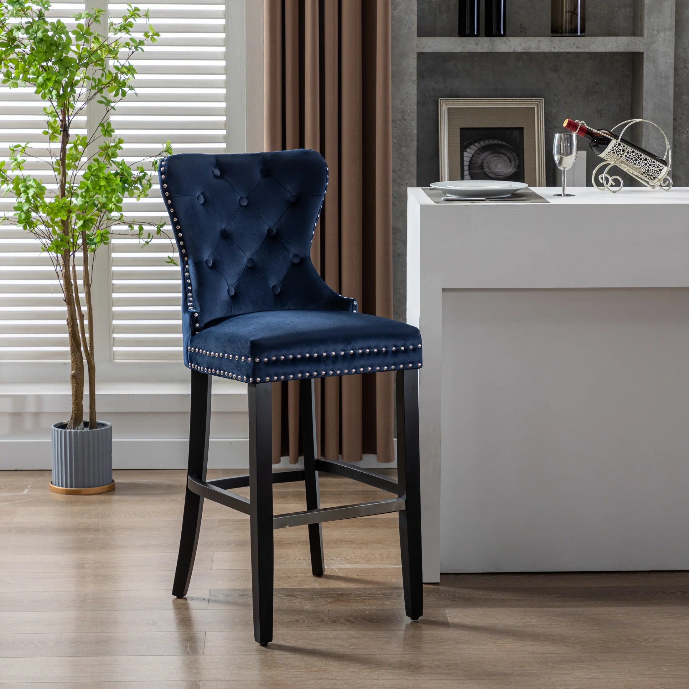 Hank 29" Tufted Velvet Bar Stool, Black