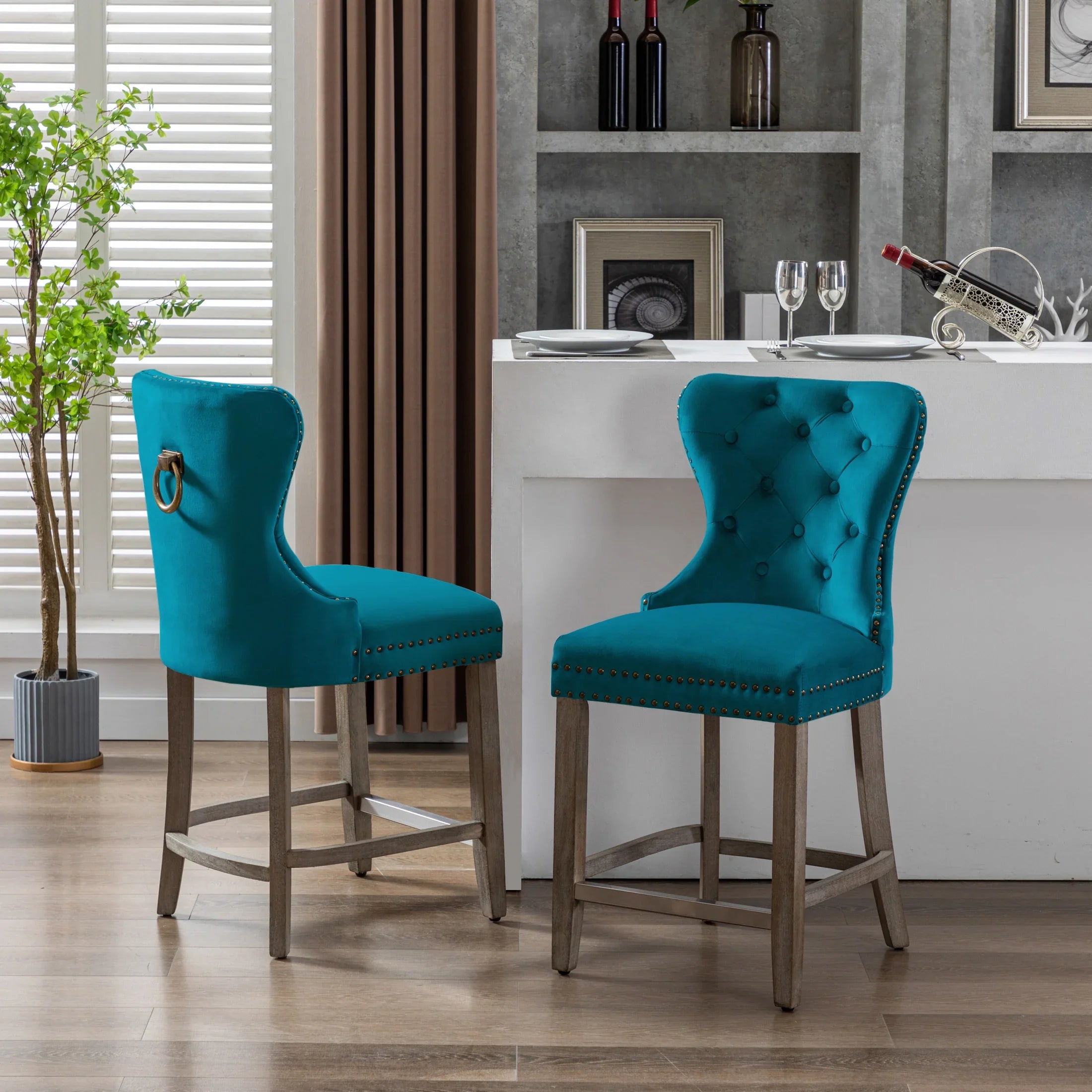 Hank 24" Tufted Velvet Counter Stool (Set of 2), Antique Gray