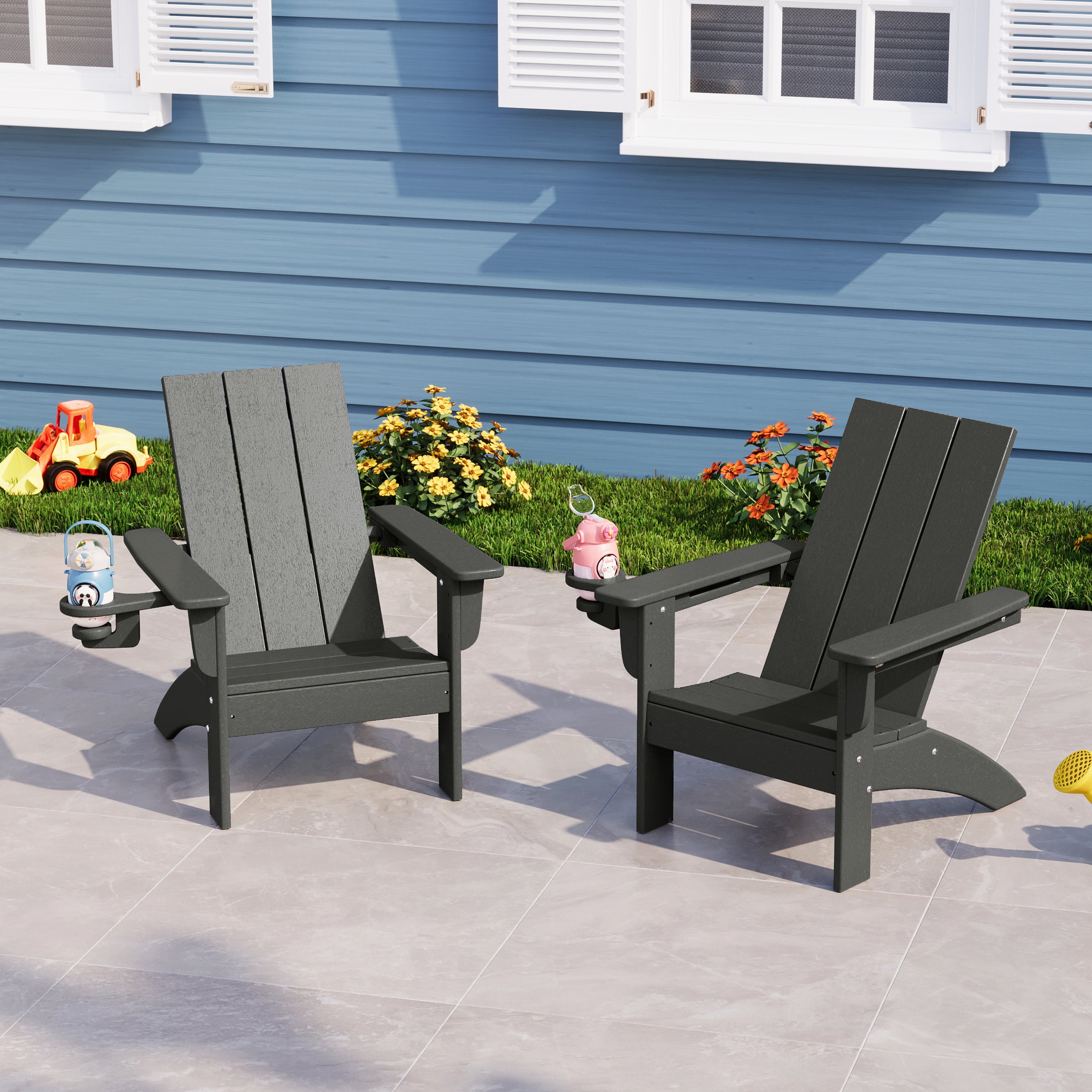Palms Kids Outdoor HDPE Plastic Modern Adirondack Patio Chairs with Cup Holders (Set of 2)