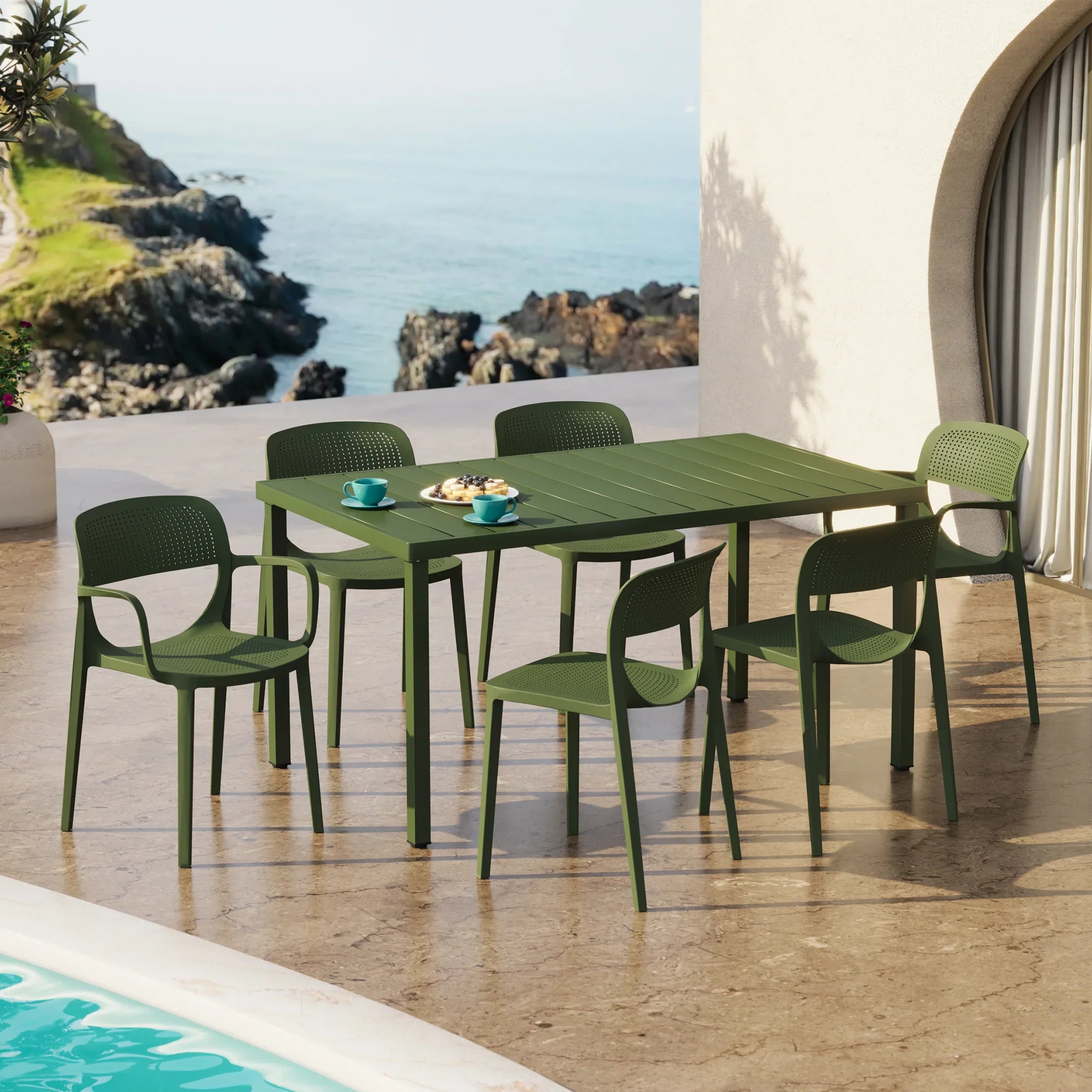 Sunshine 7-Piece Outdoor Rectangular Metal Patio Dining Table Set With Stackable Patio Dining Chairs