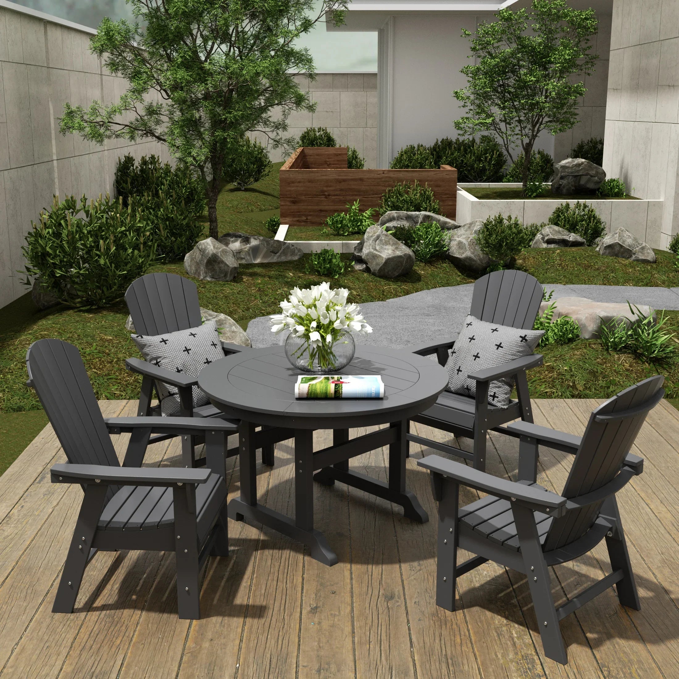 Portside 5 Piece Outdoor Patio Dining Round Table and Shell Back Armchair Set