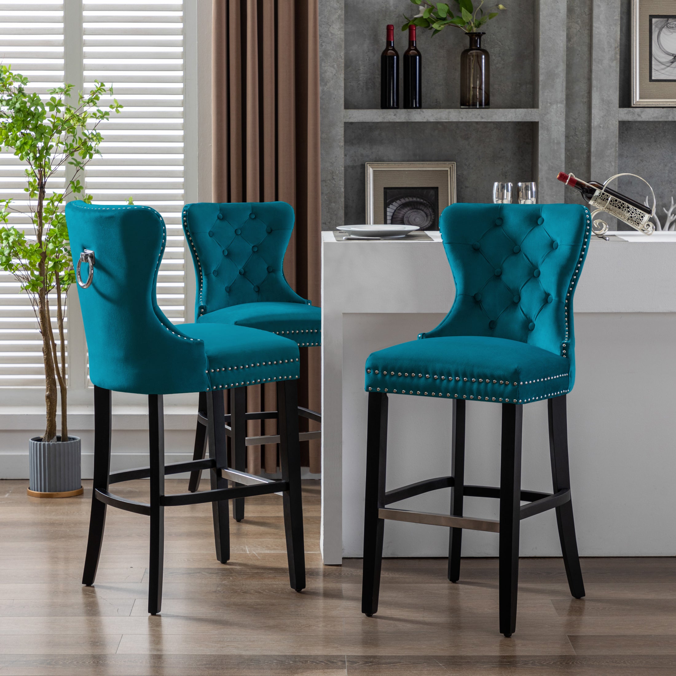 Hank 29" Tufted Velvet Bar Stool (Set of 3), Antique Gray