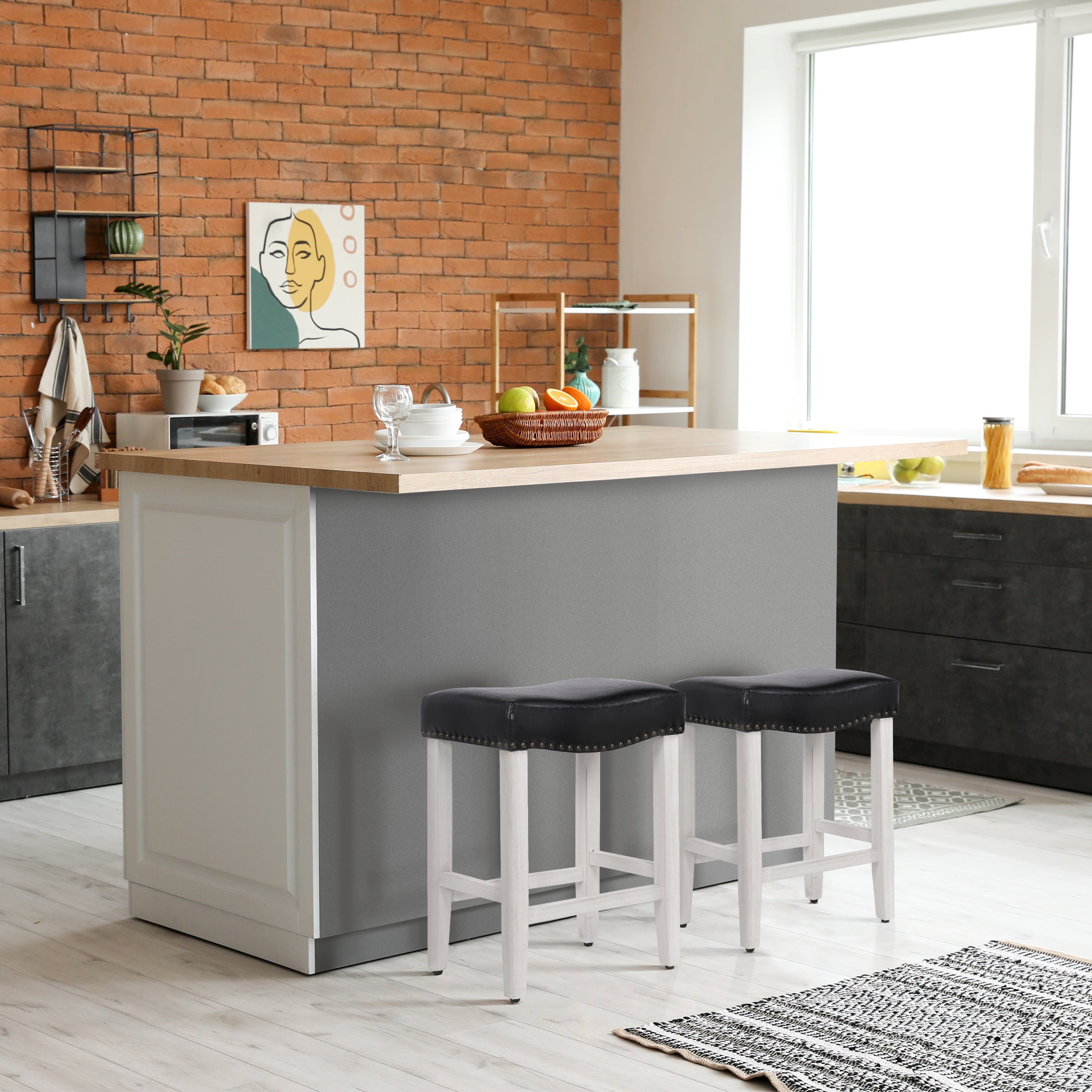 Bulmon 24" upholstered nail head bar counter stools with Antique White color legs (2 piece set)