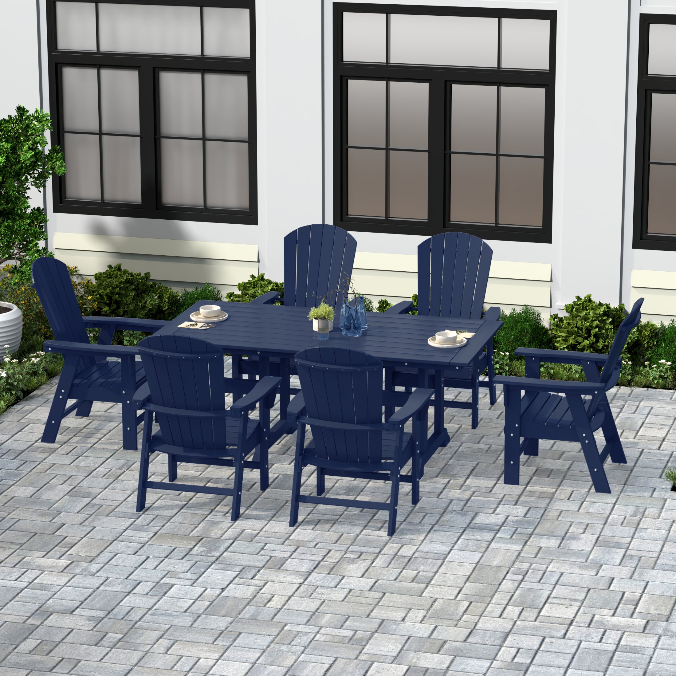 Portside 7 Piece Outdoor Patio Dining Table and Adirondack Armchair Set