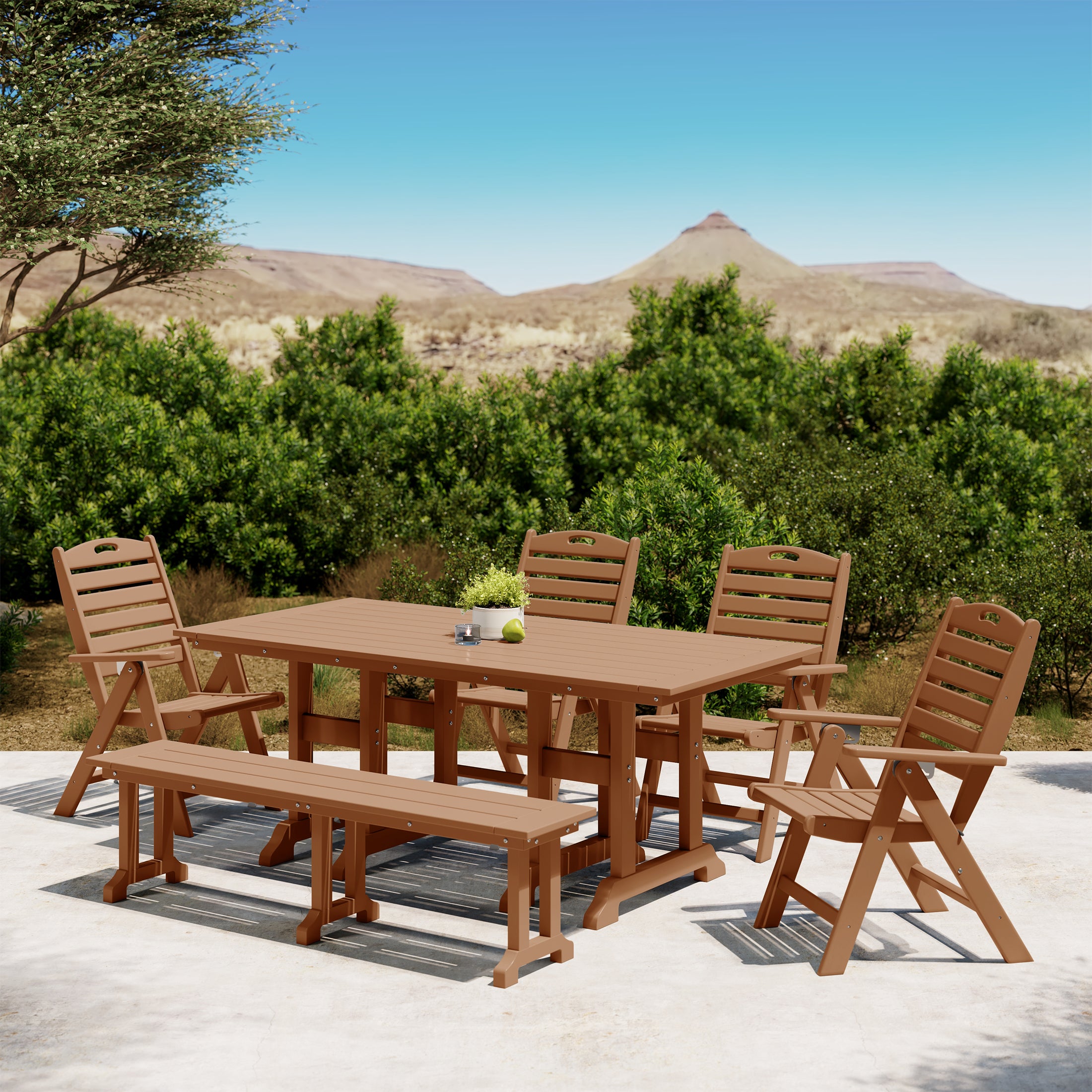 Paradise 6-Piece HDPE Rectangular Patio Dining Table Set with Foldable Chairs and Patio Bench