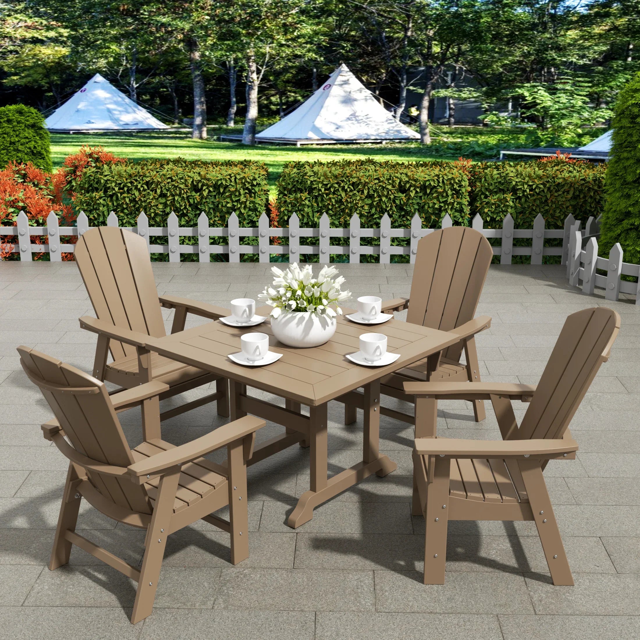 Paradise 5 Piece Outdoor Patio Dining Square Table and Curved Back Armchair Set