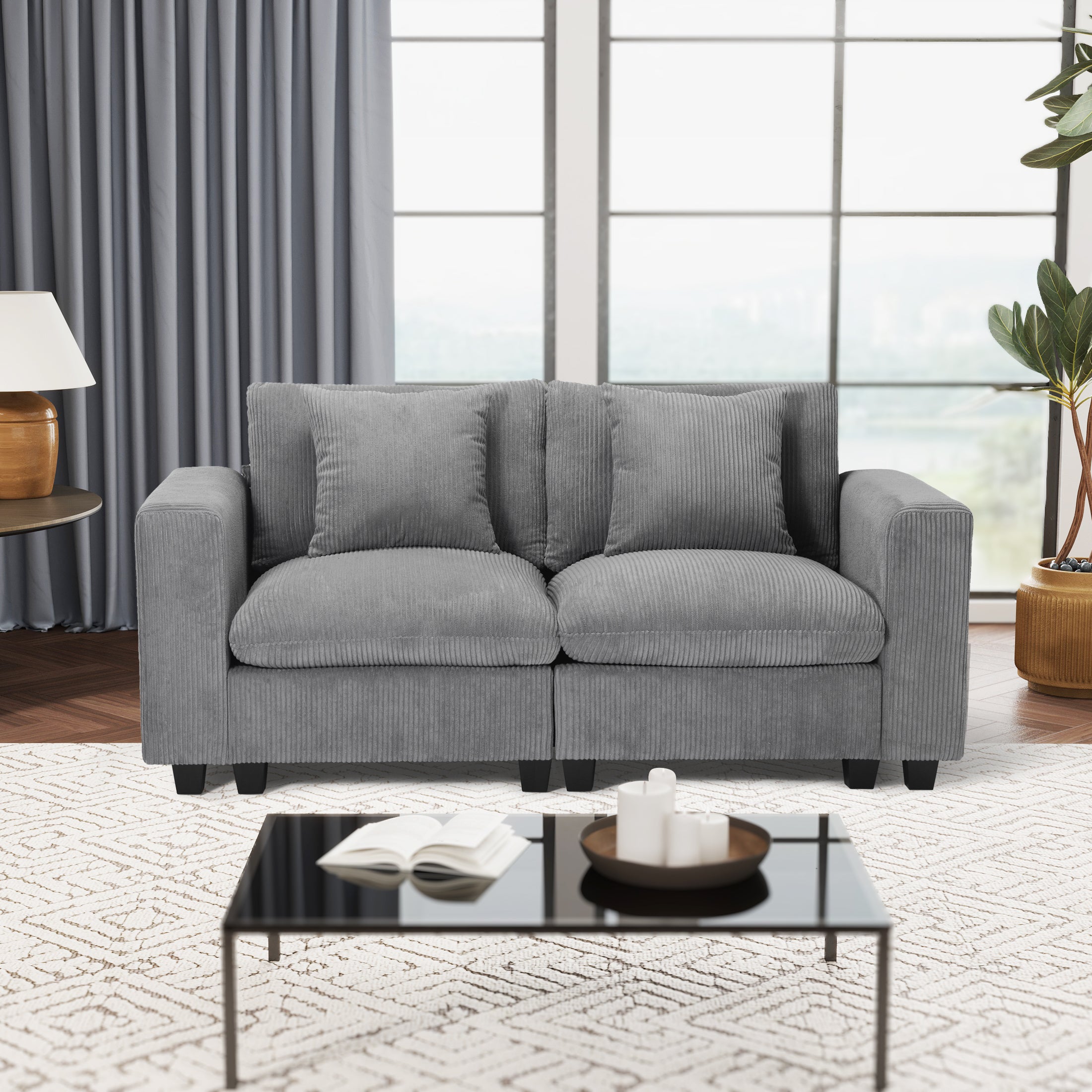 Ava 70" Modular Corduroy Loveseat Sofa With USB/Type-C Ports and Side Pockets